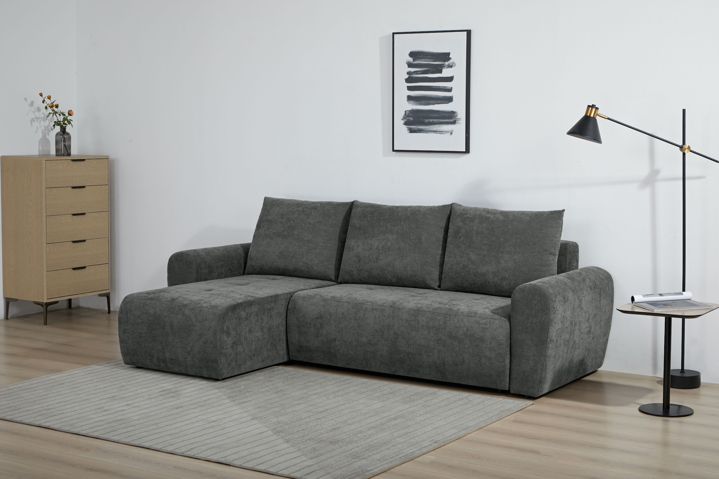 Home affaire Ecksofa »Nortrud-Chester, 241 cm, L-Form, mit Schlaffunktion u. Bettkasten« Recamiere rechts / links montierbar, Steppung, Feinstruktur-Bezug