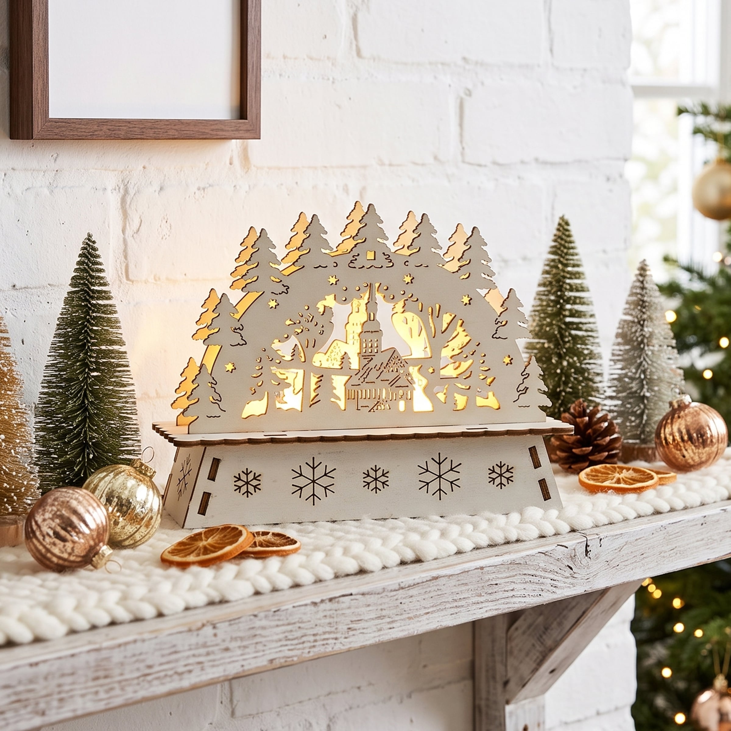 OTTO home LED Schwibbogen »Weihnachtsdeko mit LED-Licht« 1 Dorfkirche mit verschneitem Tannenwald, Batterien, Höhe 11,2 cm