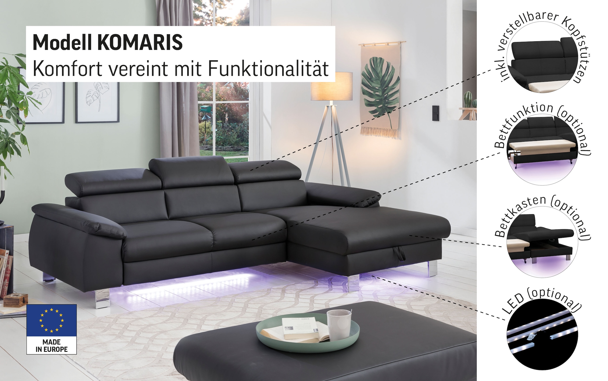 COTTA Ecksofa »Komaris L-Form, B: 244 cm« mit Kopfteilverstellung, optional Schlaffunktion, Bettkasten & Licht