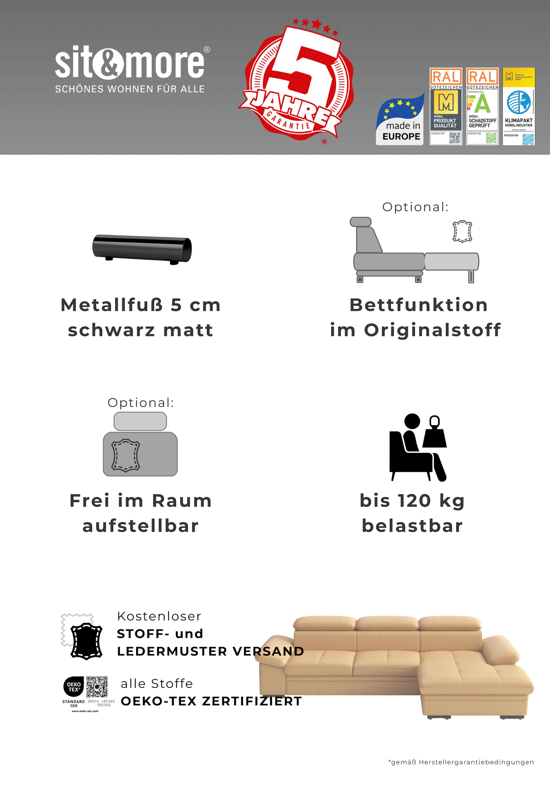 sit&more Ecksofa »Viola L-Form, B: 249 cm, Arm- & Kopfteilverstellung« optional Schlaffunktion, Sofa mit Komfortsitz in Leder