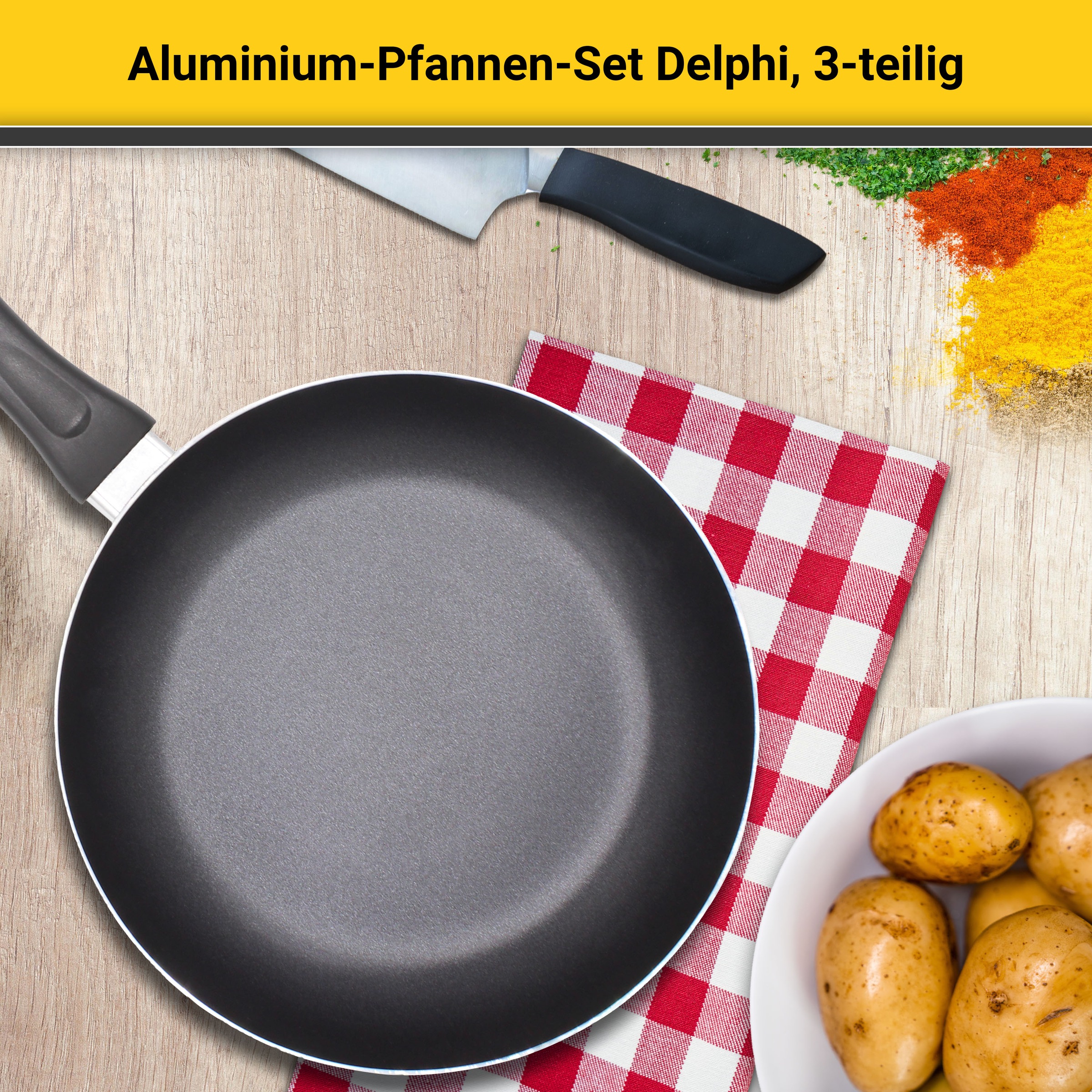 Krüger Pfannen-Set »Aluminium Pfannen-Set DELPHI 3 tlg. (20 + 28 cm und Pfannenwender)«, Aluminium, (Set, 3 tlg., 1x Bratpfanne Ø 20 cm (H. 4,3 cm), 1x Bratpfanne Ø 28 cm (H. 4,9 cm)
