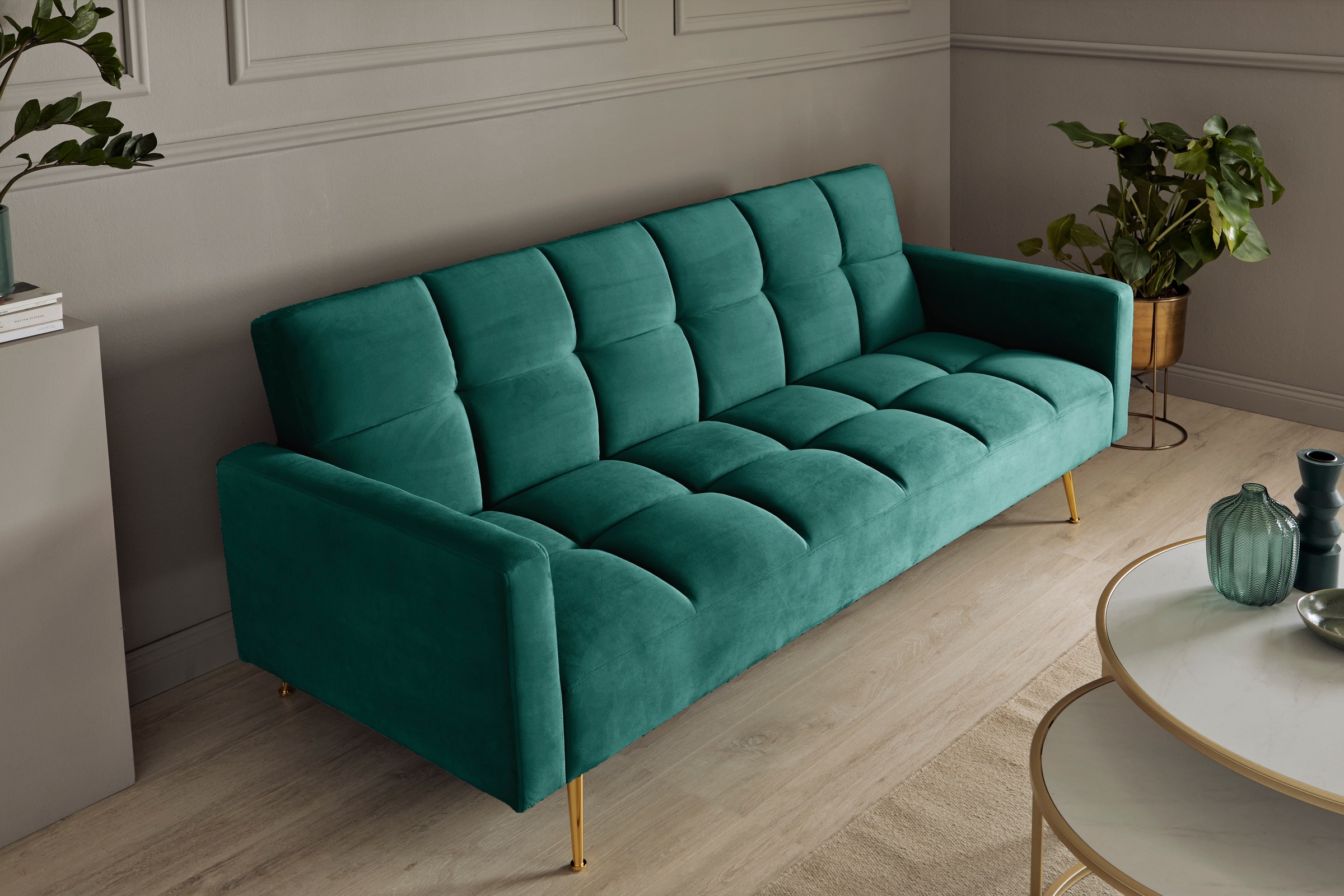 Jahnke Schlafsofa »CHILLAX POSH« mit Schlaffunktion, edler Samtstoff & Füße im Gold-Look, Breite 213 cm
