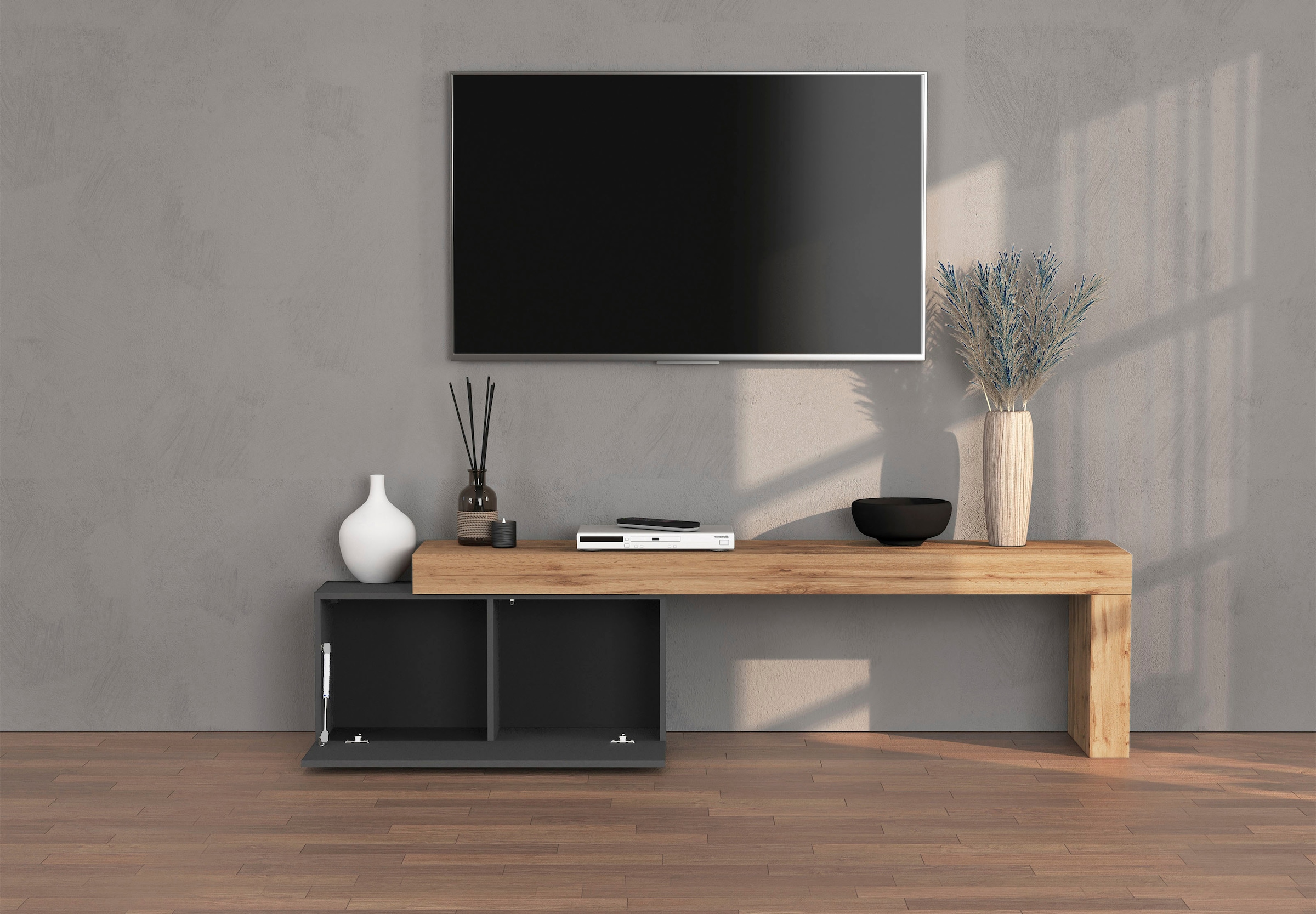 INOSIGN Lowboard »Chronos TV-Board, TV-Schrank« Breite verstellbar von 180 bis 260 cm, 1 Stk. tlg. Breite 220 cm TV-Board,Lowboard,1 Klappe und ein L-Förmiger Aufsatz
