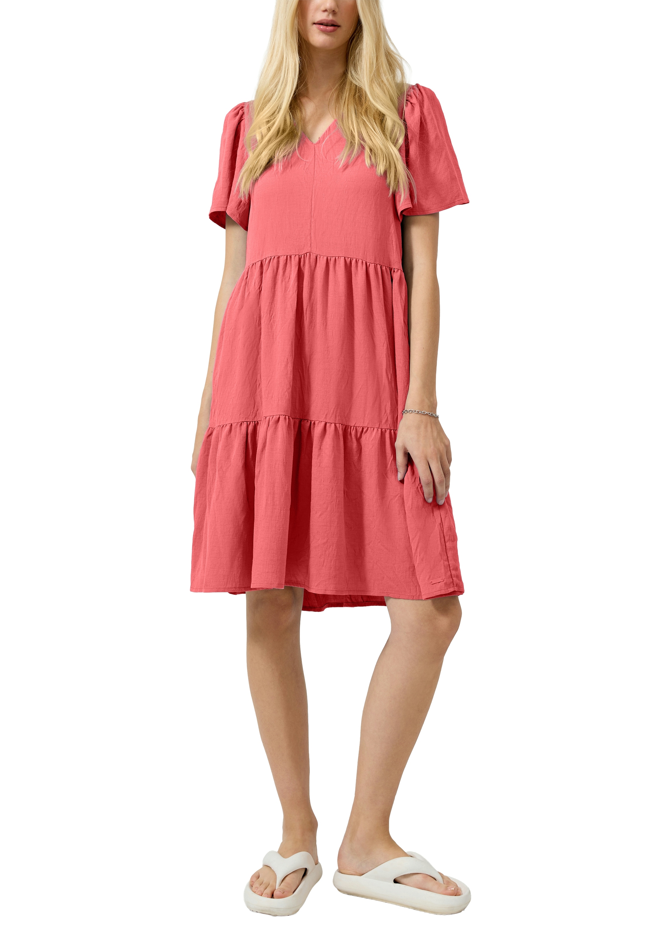 QS Midikleid Ohne Taschen Sommerkleid mit V-Ausschnitt und kurzen Ärmeln