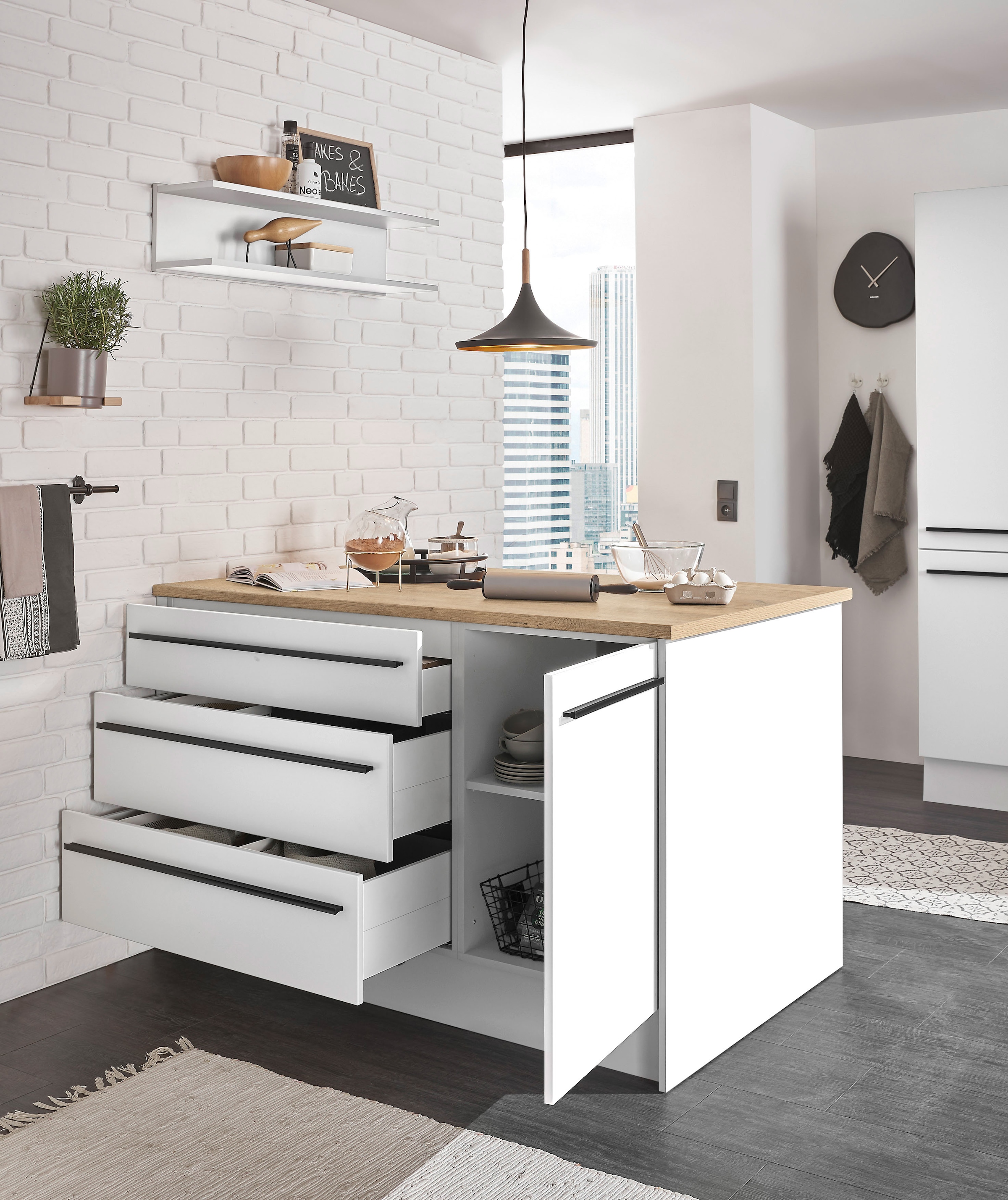 BASIC by Balculina Kücheninsel »Denver, Kochinsel + Küchenregal BxHxT 145 x 90 x 90/BxHxT 90x22x21« Breite 145 cm, mit Tür, Schubkasten, Klappe und offenem Fach