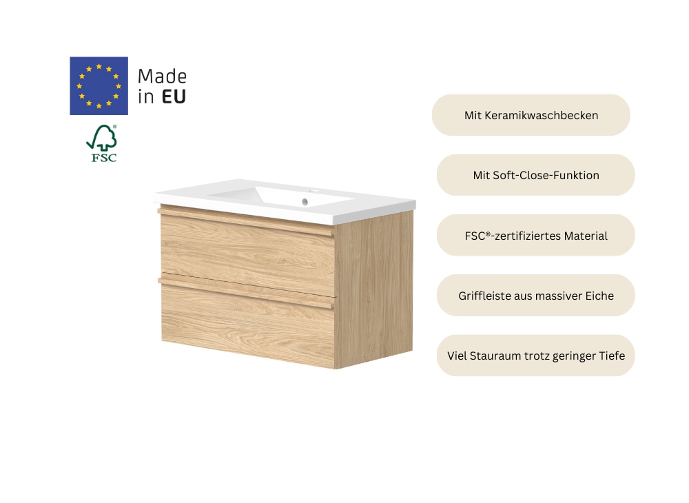 welltime Waschtisch »Only inklusive Waschbecken, Schubladen mit Vollauszug«, Badmöbel in verschiedenen Breiten, mit Soft-Close Funktion, FSC®
