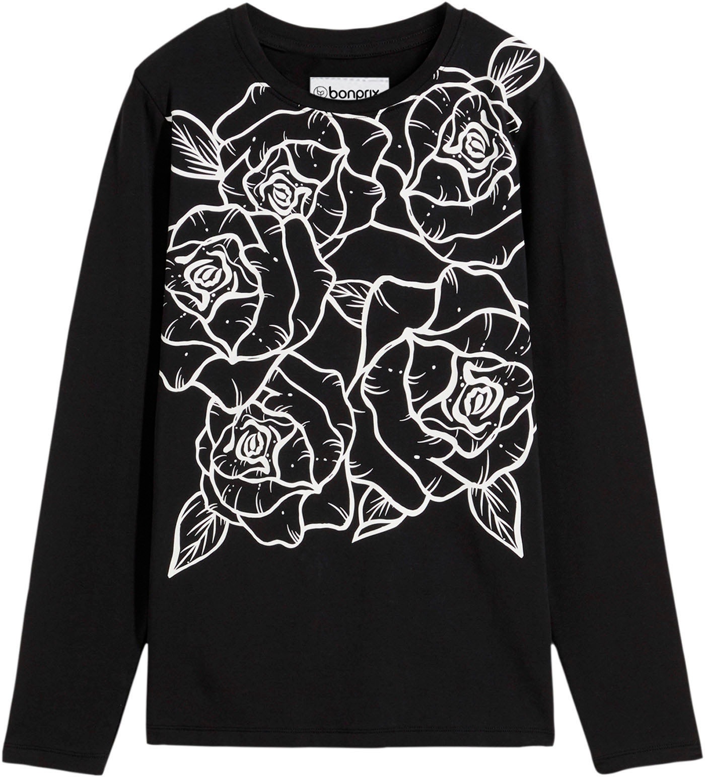 bonprix Langarmshirt »Langarmshirt mit Rosendruck« lockere Passform, mit Rundhalsausschnitt, aus Baumwolle und Elasthan