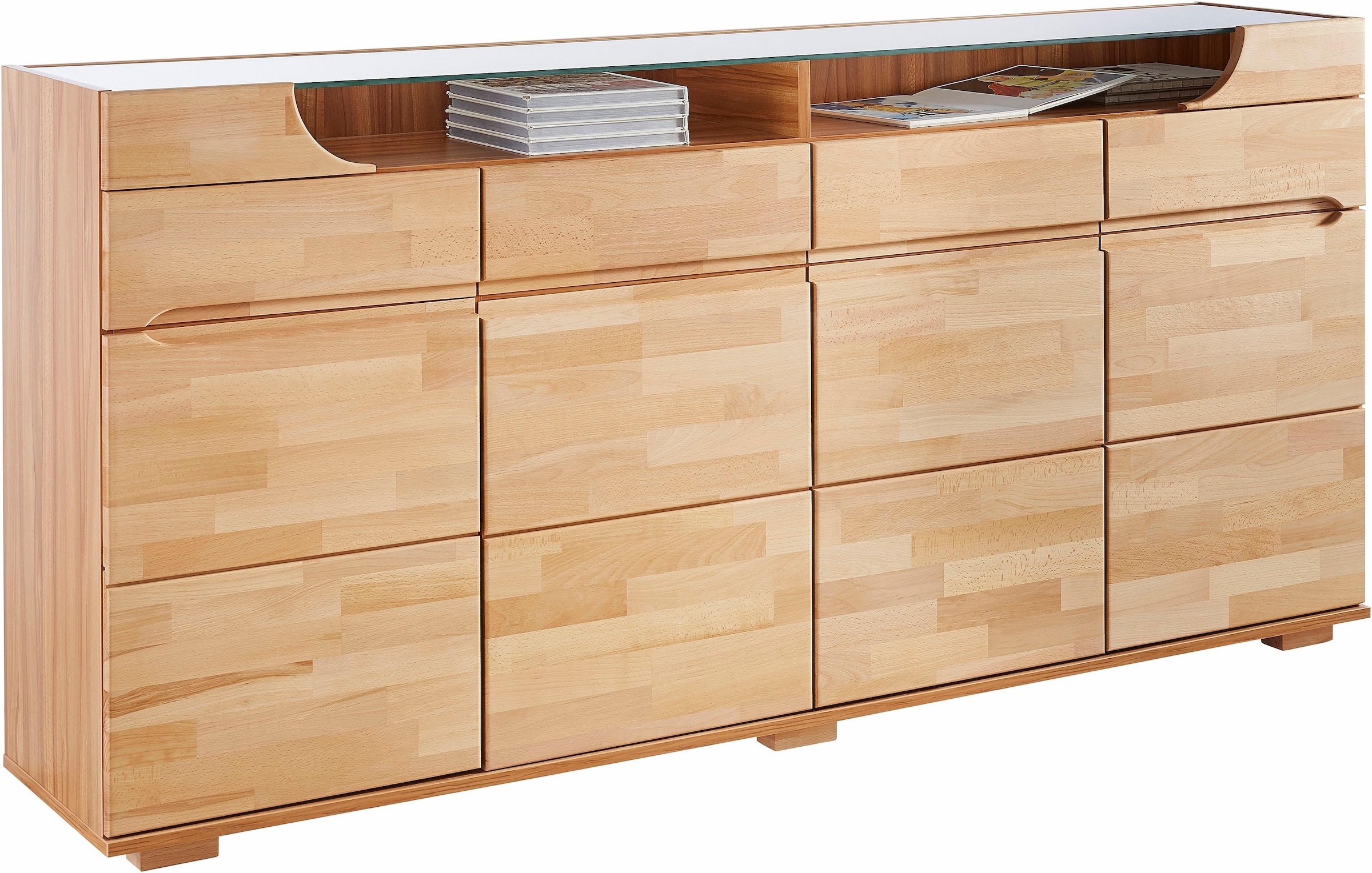 Home affaire Sideboard »Ribe,200cm breit,40 cm tief,4 Schubladen Oberplatte aus Glas«, Kernbuche massiv, Holzwerkstoff, 4Türen,4 Schubladen, Griffmulden