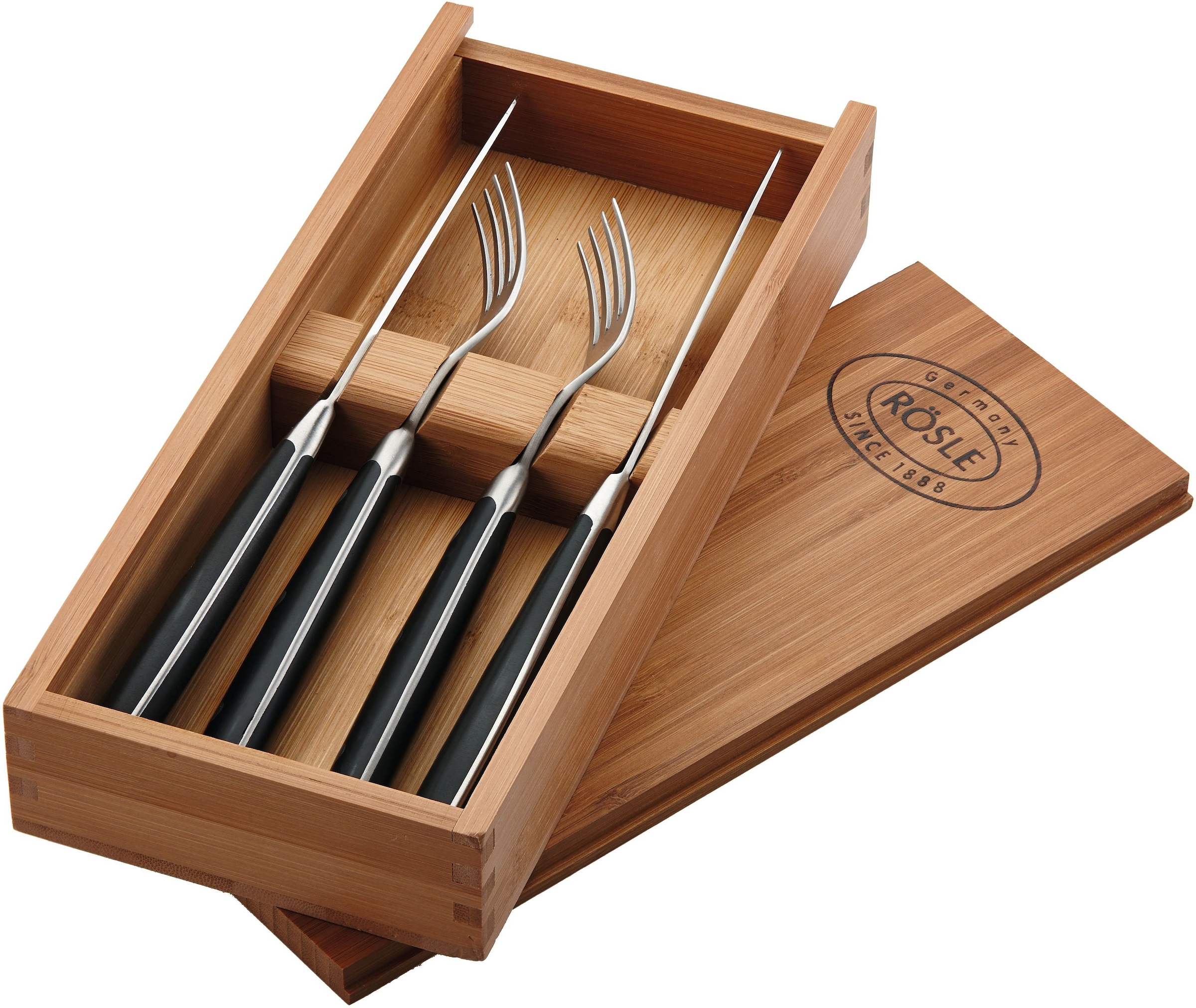 RÖSLE Steakbesteck, (Set, 4 tlg.), Set mit 2 Steakmessern und 2 Steakgabeln, inkl. praktischer Holzbox