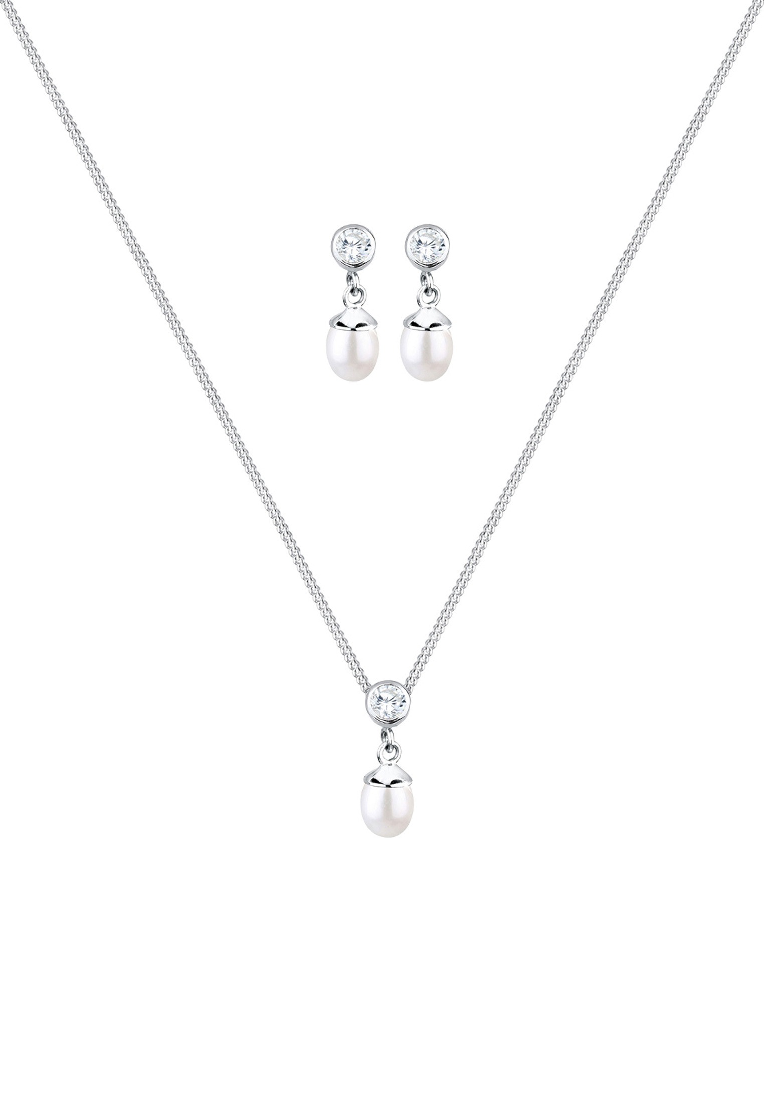 Elli Ohrring und Ketten Set »Schmuckset Zirkonia Süßwasserzuchtperlen Weiß 925 Sterling Silber«