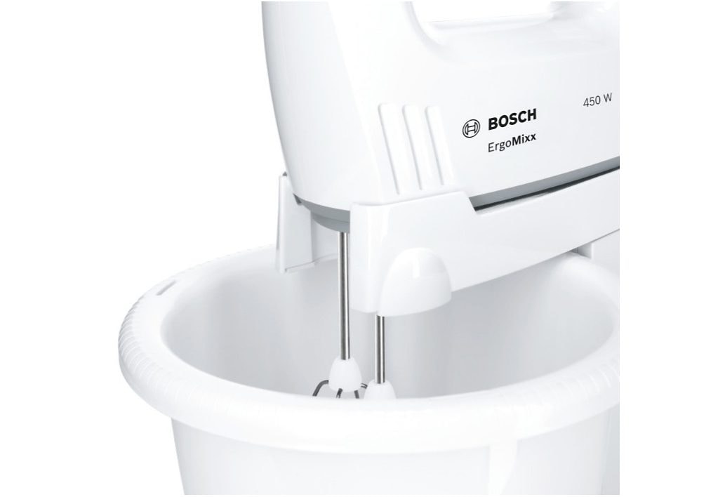 BOSCH Handmixer »ErgoMixx MFQ36460, Edelst. Besen/Knethaken, Ständer, Schüssel, weiß«, 450 W, 5 Stufen, ergon. Soft-Touch-Griff, Made in Europe