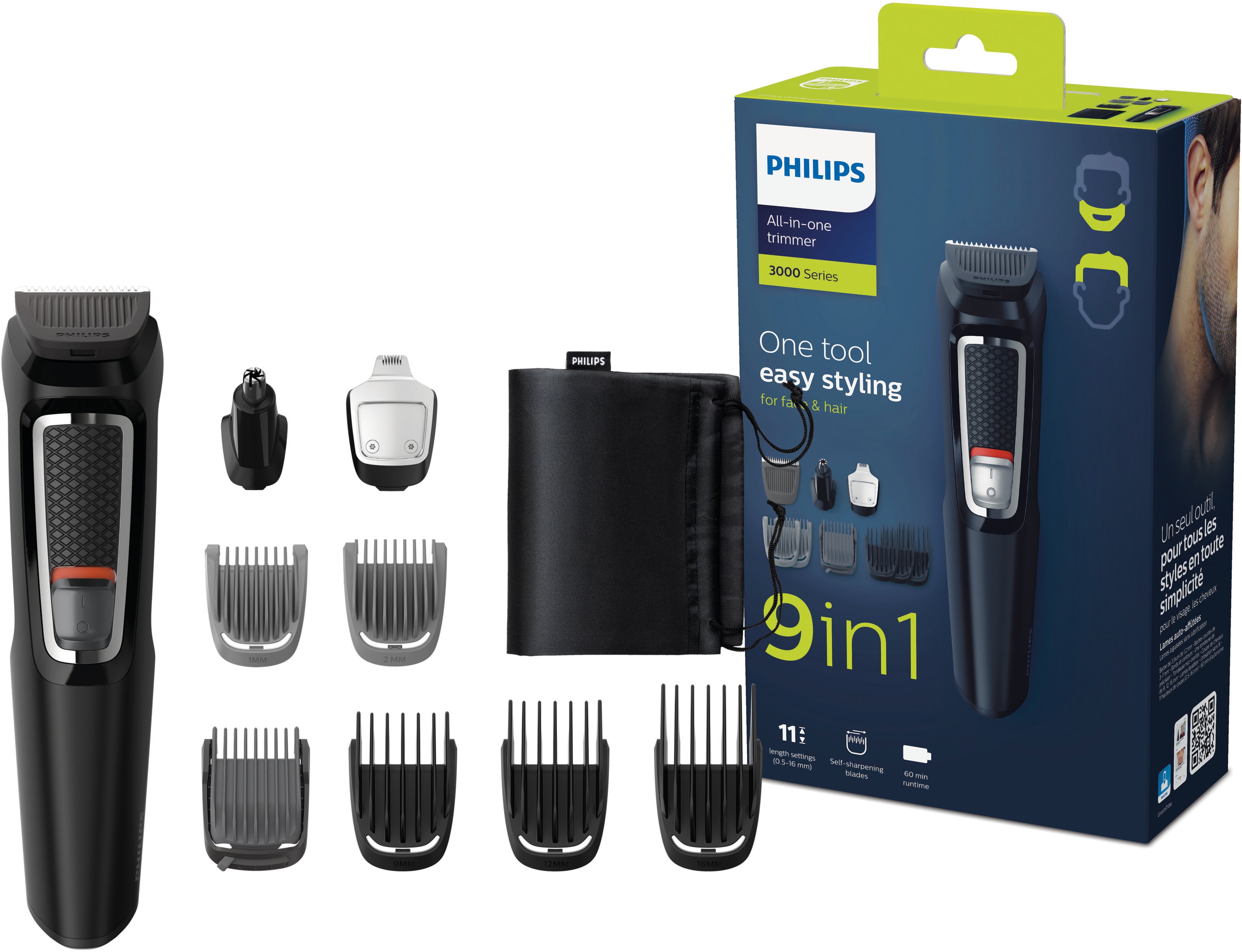 Philips Multifunktionstrimmer »Series 3000 MG3740/15« 9 Aufsätze All-in-One Trimmer, 9-in-1 für Gesicht und Haare mit Edelstahlklingen in schwarz