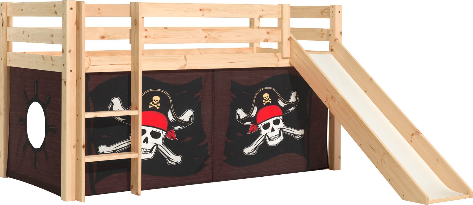 Vipack Spielbett »Pino, Kiefer massiv, mit Rolllattenrost u. Textil-Set, Made in Europe« B/H/T ca. 210x114x218cm, mit Absturzschutz, Leiter und Rutsche,  verschiedene Textil-Designs und Holzfarben zur Wahl
