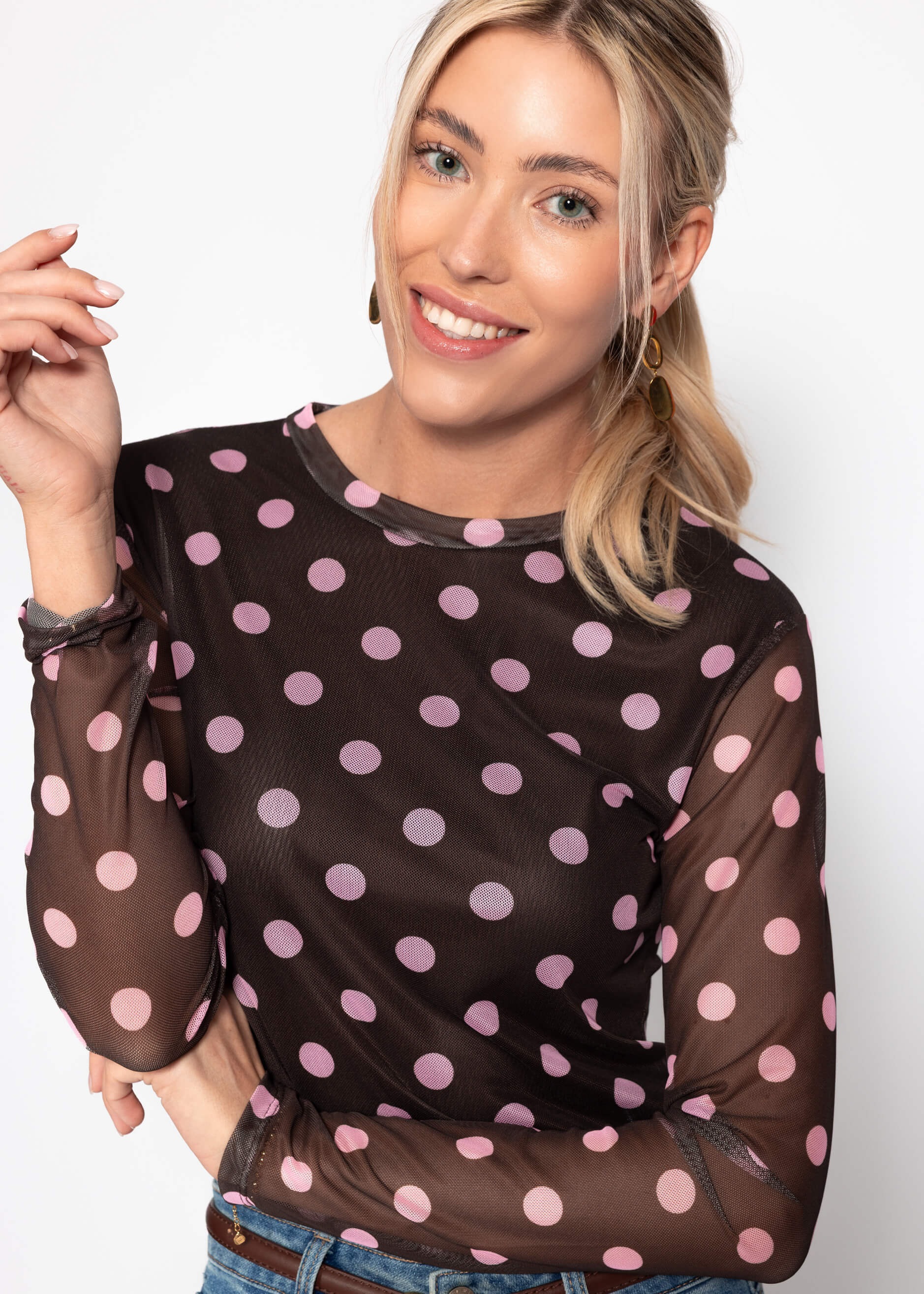 SASSYCLASSY Langarmshirt »Mesh Langarmshirt mit großen Punkten« Leichtes Shirt mit gefütterter Vorderseite und Rundhalsausschnitt
