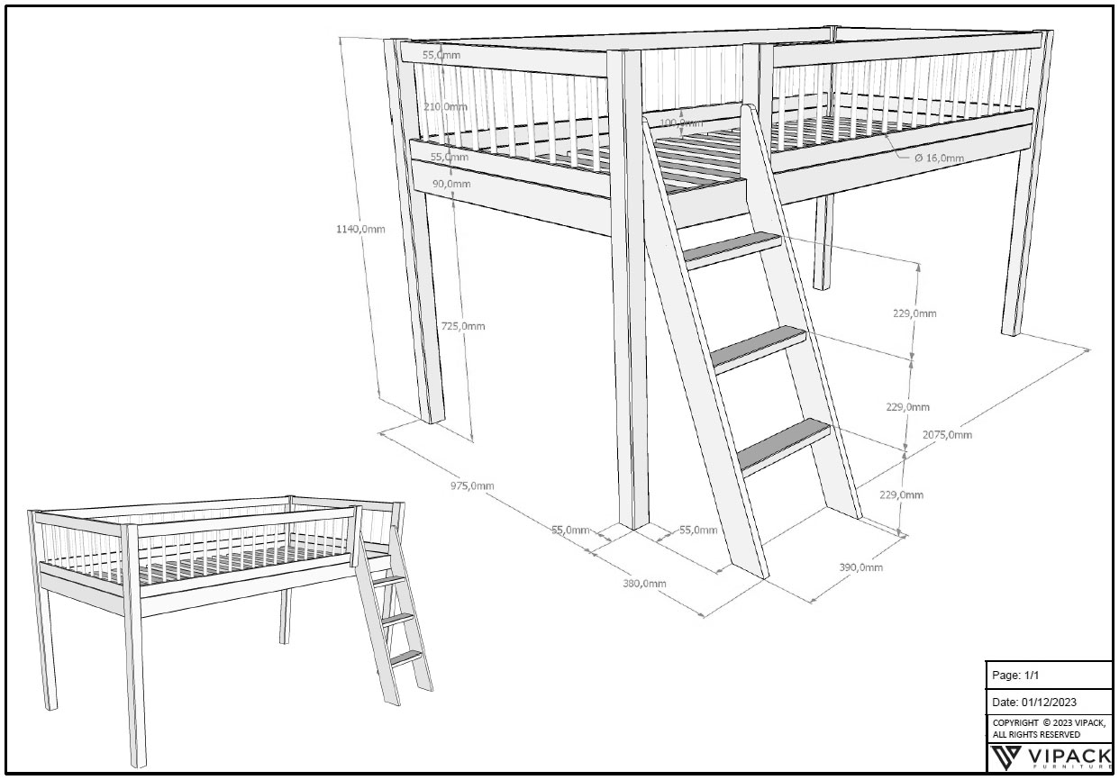 Vipack Spielbett, aus massiver Eiche geölt, LF 90x2000cm, RR, Leiter u. Absturzschutz