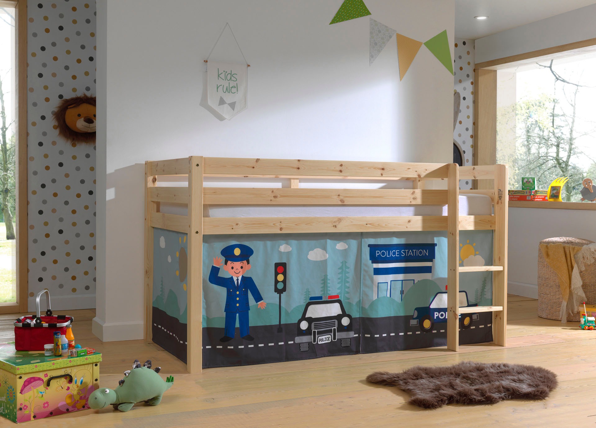 Vipack Spielbett »Pino, Kiefer massiv, mit Rolllattenrost u. Textil-Set, Made in Europe« B/H/T ca. 210x114x106cm, mit Leiter und Absturzschutz,  verschiedene Textil Dessins, 3 Gestellfarben zur Wahl