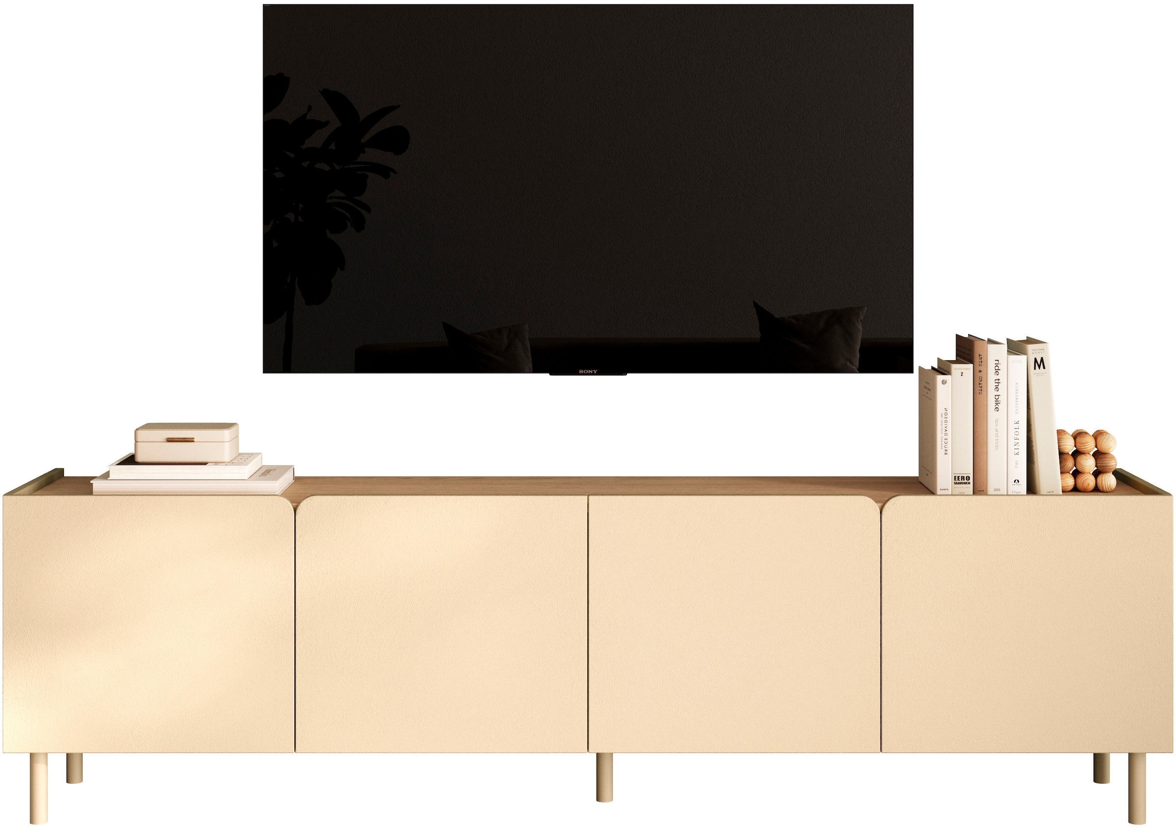 OTTO home Lowboard »Dobbiaco, 202 cm breit, 4 Türen, Mediaboard, TV-Schrank« Innenliegendes Top, gerade Metallfüße, Tür mit Rundung
