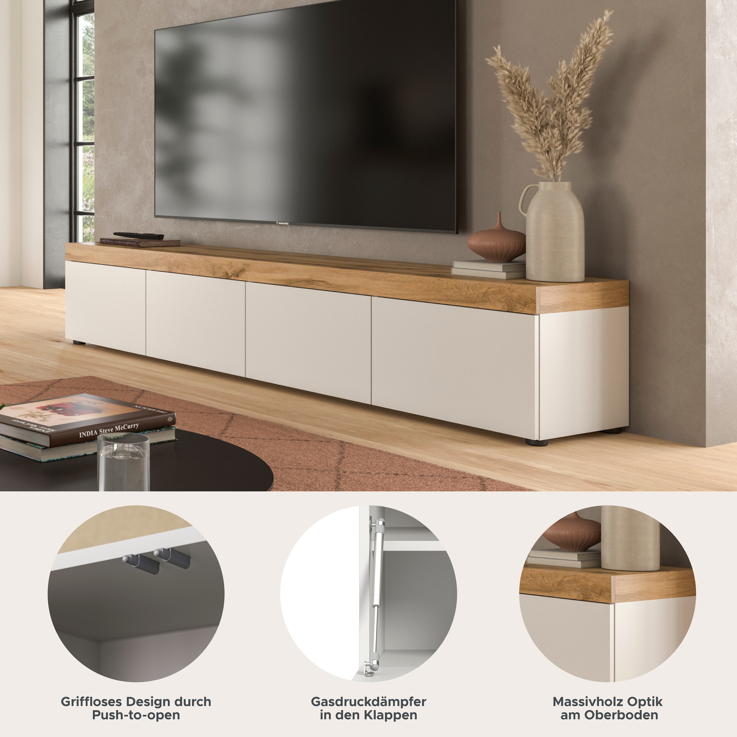 OTTO home Lowboard »MAMBO, Breite 200cm, 4 Klappen, stehend oder hängend« 2 farbige Ausführung, in verschiedenen Farben erhältlich, 1 Stk. tlg. Lowboard, TV Unterschrank, Tv-Schrank, Wohnzimmer