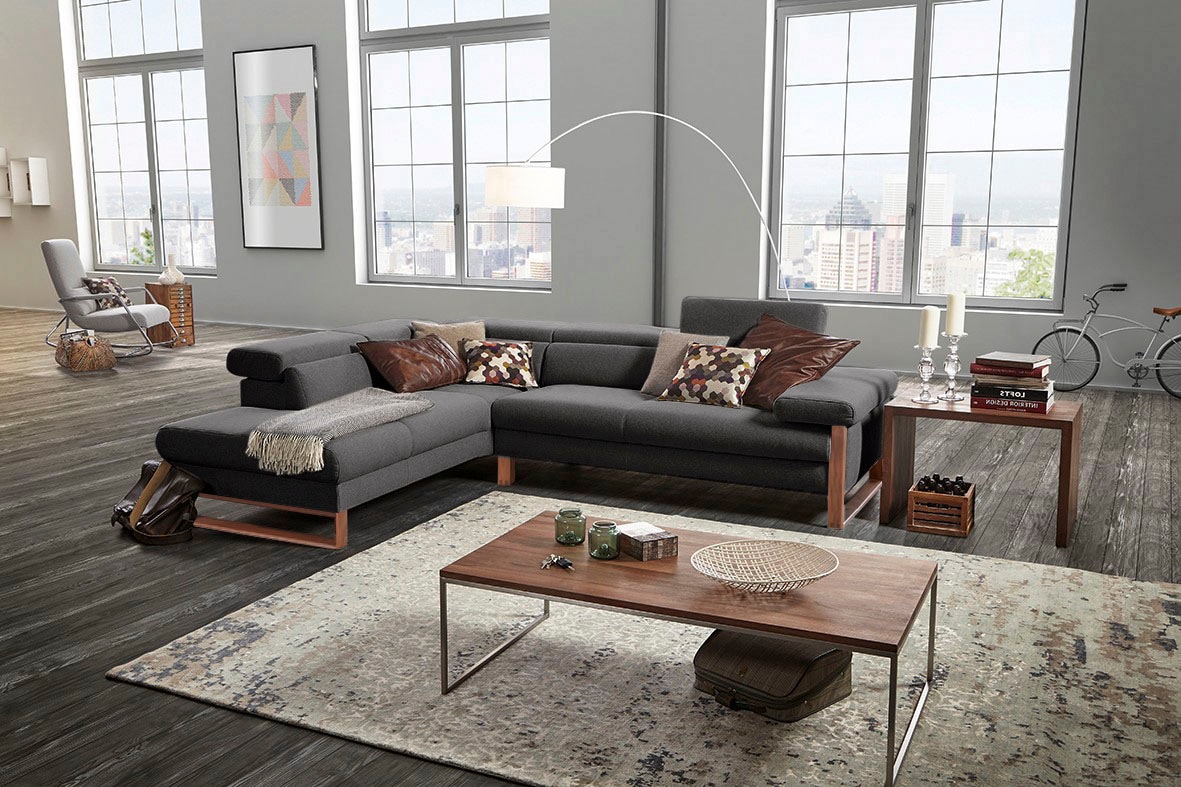 W.SCHILLIG Ecksofa »finn, Designsofa mit tollem Sitzkomfort, bequem, L-Form«, German Design Award 2016, Fußgestell Nussbaum natur, Breite 281 cm