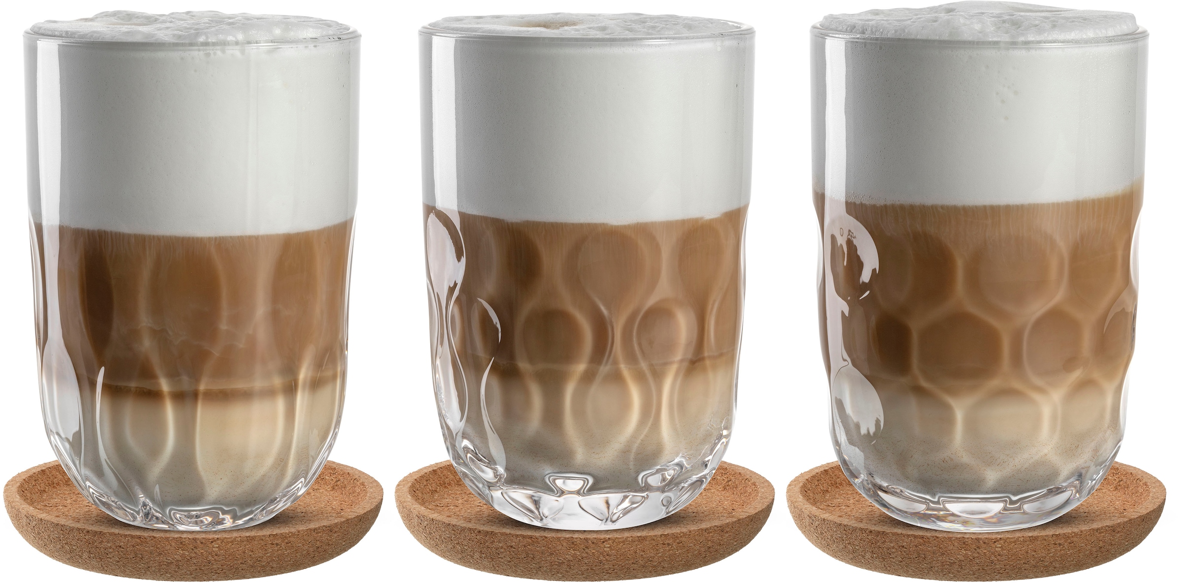 LEONARDO Gläser-Set »Latte Macchiato-Set GOCCE, 380 ml, 6-teilig« 3 Gläser mit unterschiedlichem Tropfenrelief, inkl. Kork-Untersetzer