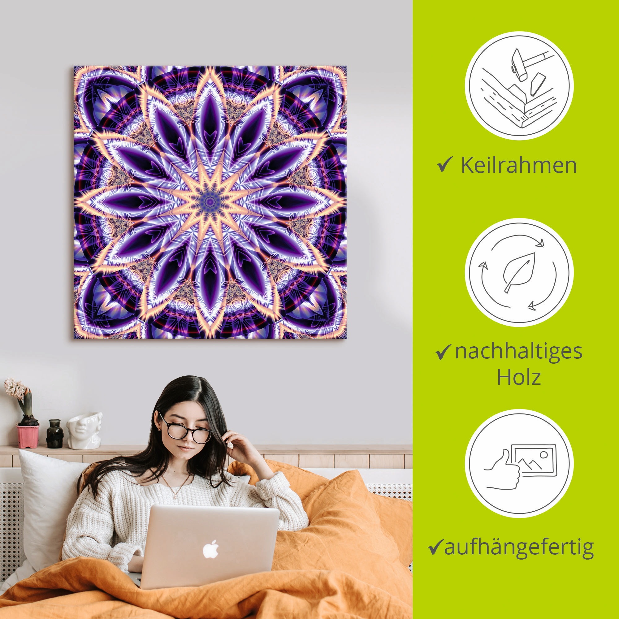 Artland Wandbild »Mandala Stern lila«, Muster, (1 St.), als Leinwandbild, Wandaufkleber in verschied. Größen