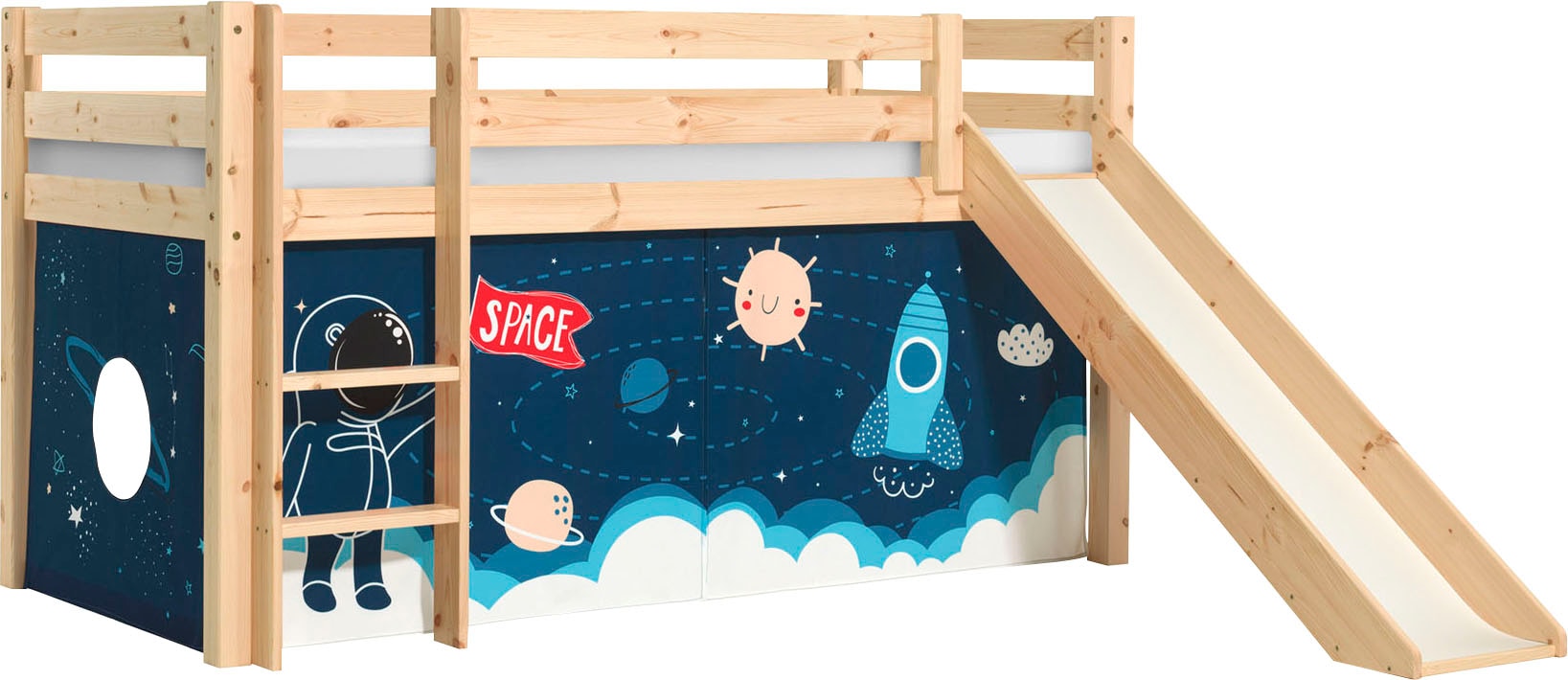 Vipack Spielbett »Vipack Pino«, (Made in Europe), Hochbett mit Textil-Set, inkl. Rolllattenrost, Leiter und Rutsche