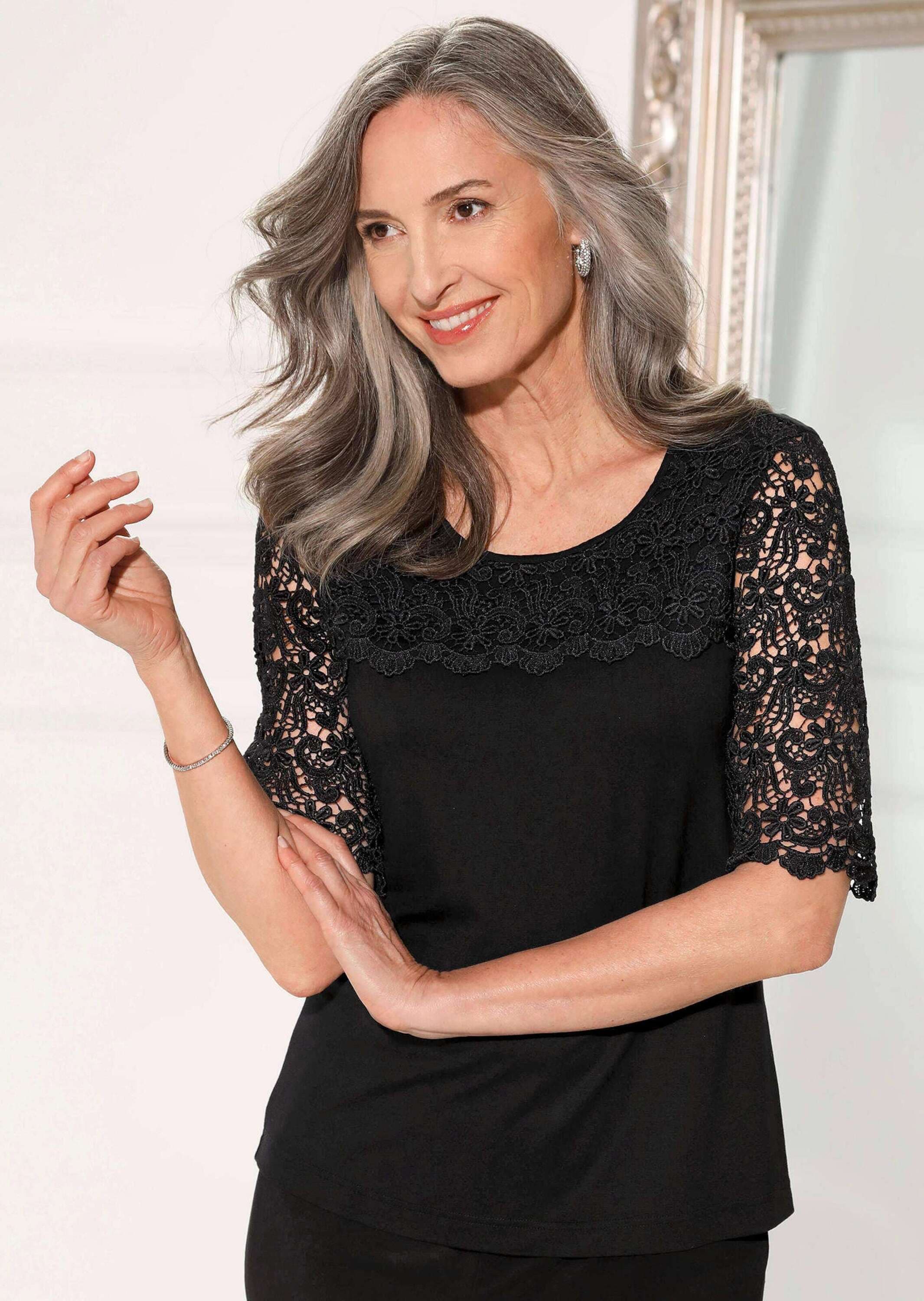 GOLDNER Langarm-Poloshirt »Shirt mit effektvoller Spitze«