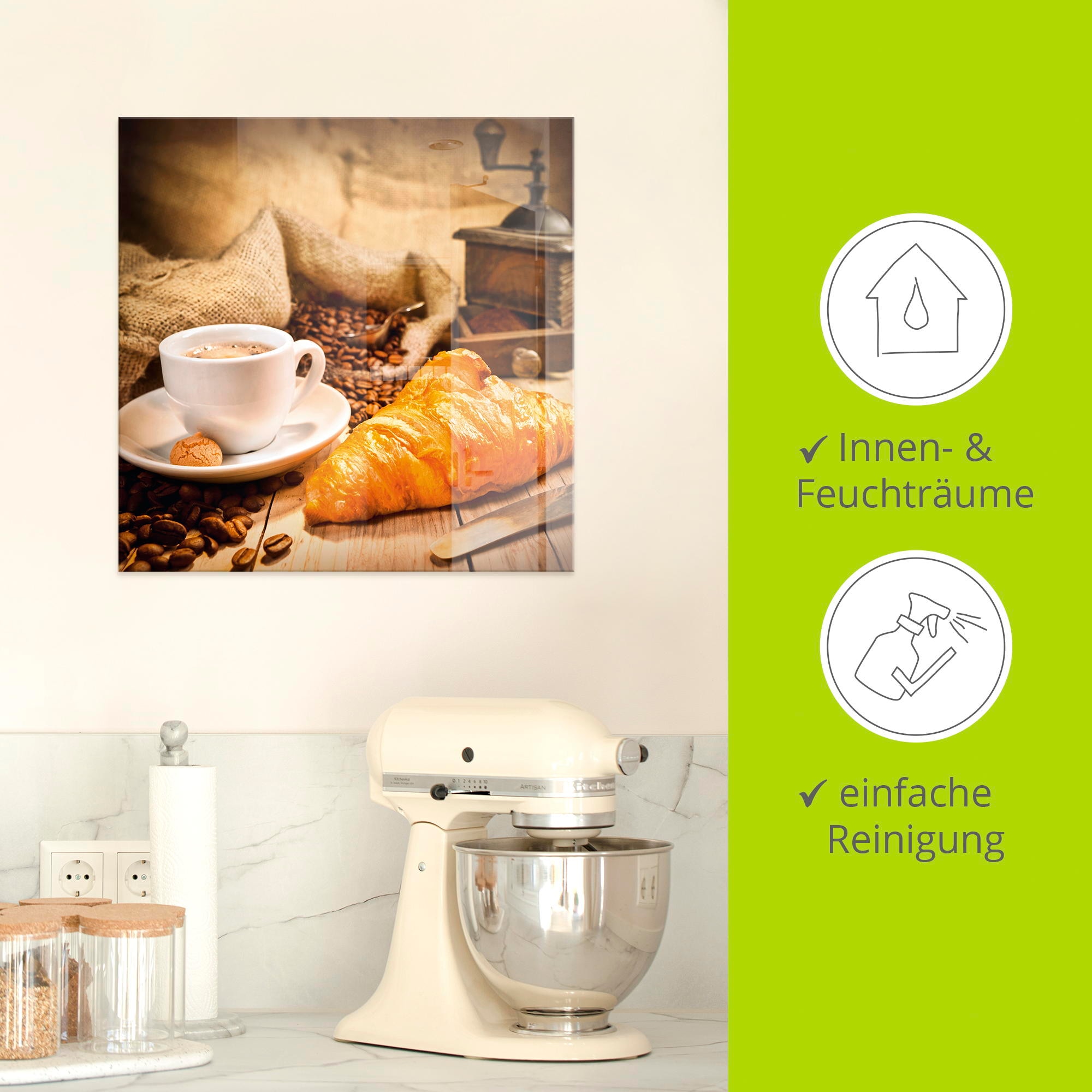 Artland Glasbild »Kaffeetasse mit Croissant«, Getränke, (1 St.), in verschiedenen Größen
