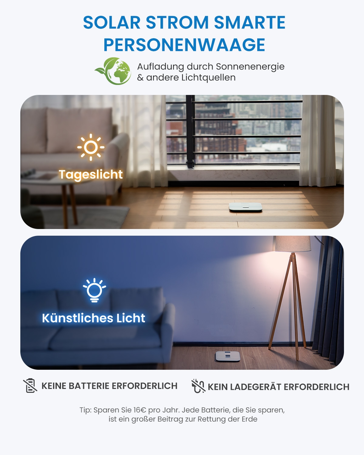 Renpho Körper-Analyse-Waage »Elis Solar 2 Smart Body Scale A020«, Smarte Solar-Körperanalysewaage mit 13 Körpermessungen