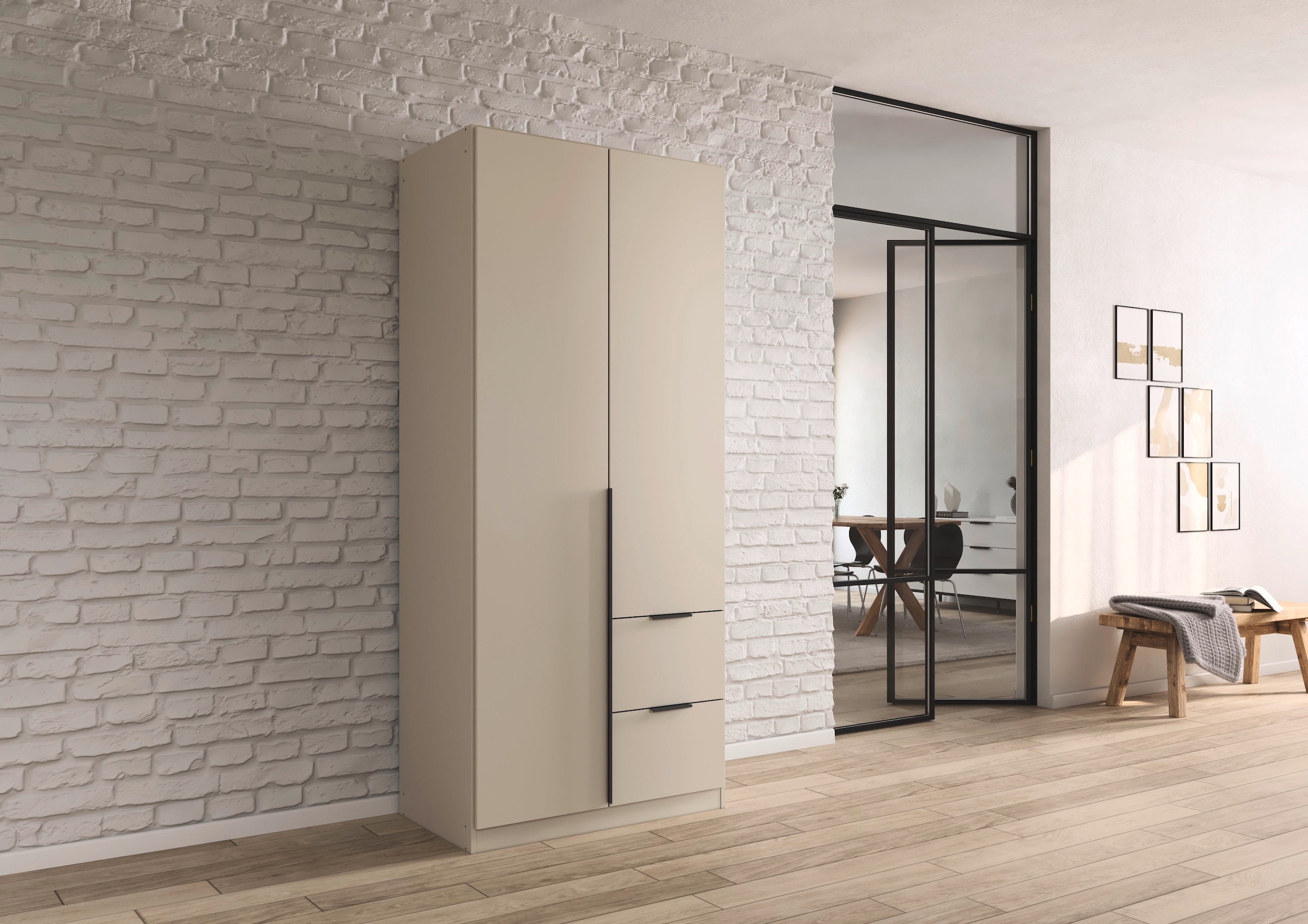 OTTO home Drehtürenschrank »Kleiderschrank Schrank Garderobe AGORDO mit Dekor- oder Hochglanzfront« in zwei Griff-Farben, Breite 91 cm,  mit Außenschubkästen, Serie in 7 Breiten und 2 Höhen MADE IN GERMANY