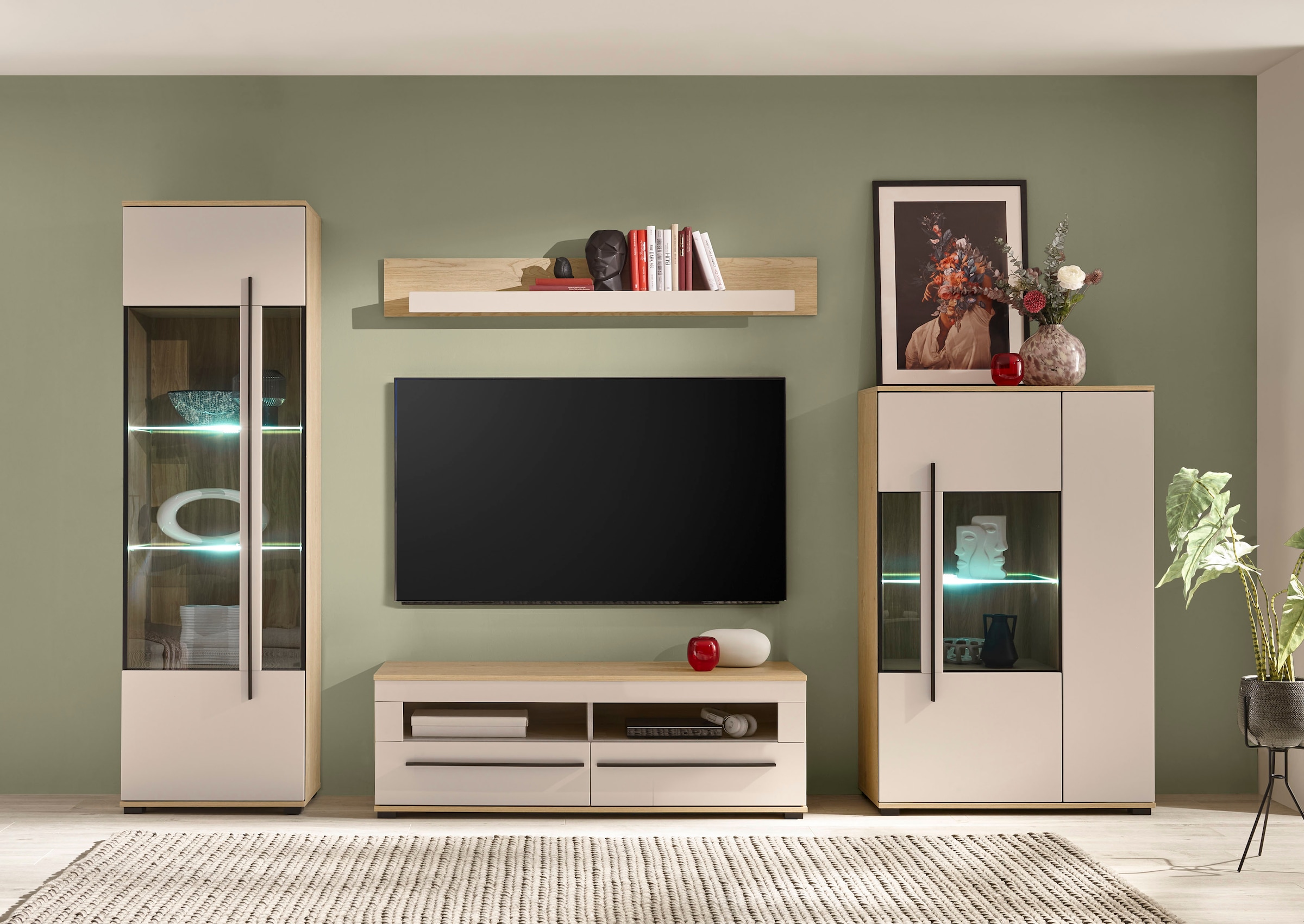 Home affaire Wohnwand »Cantara, Anbauwand, Wohnzimmer-Set, in Eiche Evoke, Weiß oder Kaschmir« Set, 