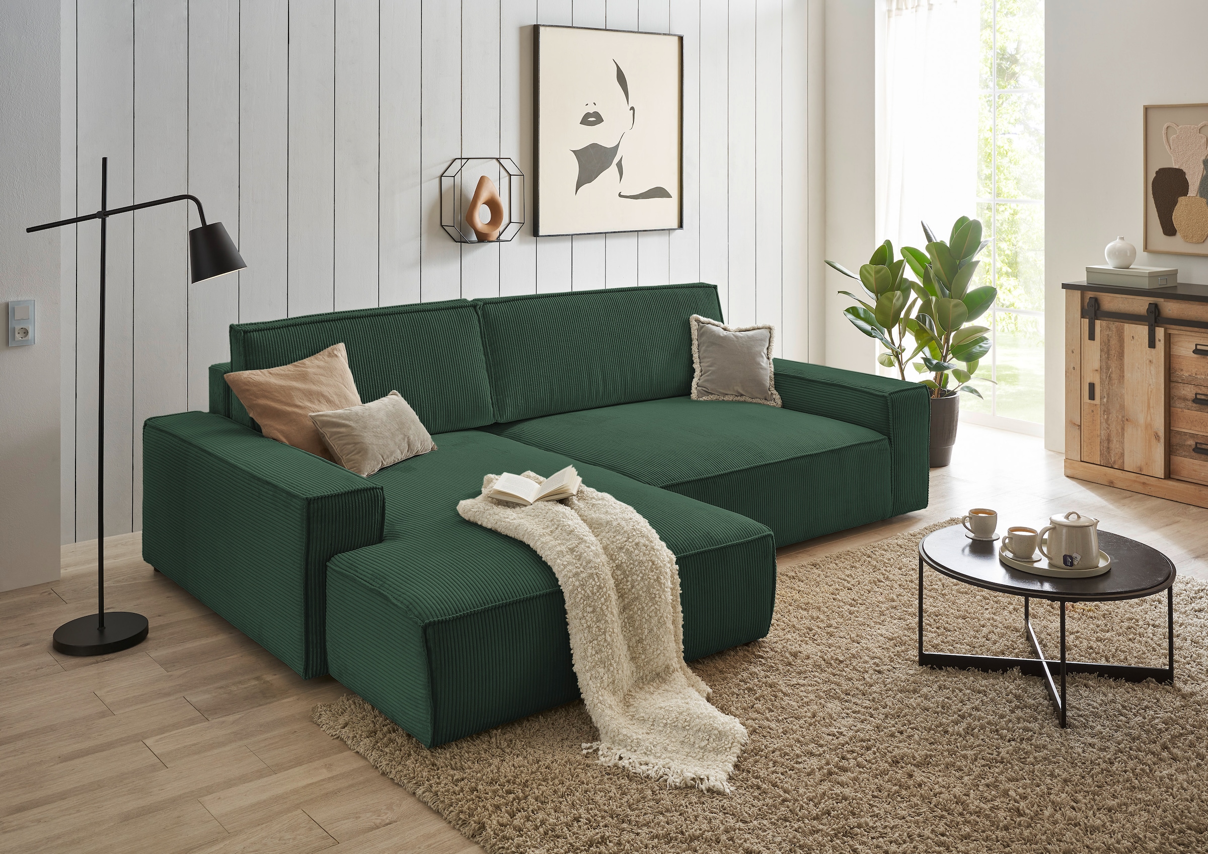Home affaire Ecksofa »NEU: SHERWOOD XXL 284, Big-Sofa L-Form, tiefe Sitzfläche 95 cm, Cord«, Recamiere rechts/links, als Schlafsofa stellbar, Cord u. Leinenoptik