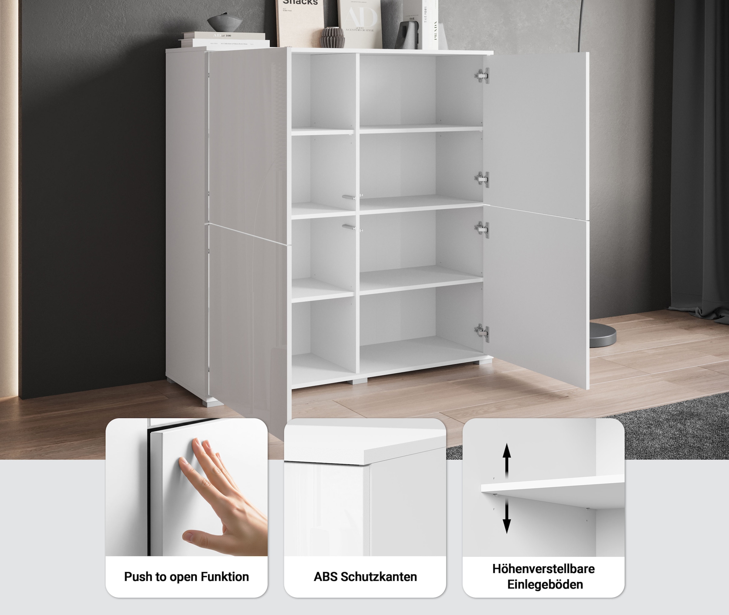 INOSIGN Highboard »Kenia, moderne grifflose Hochkommode mit 4 Türen, Breite 120 cm« 1 Stk. tlg. Push-to-Open-Fronten, höhenverstellbaren Einlegeböden