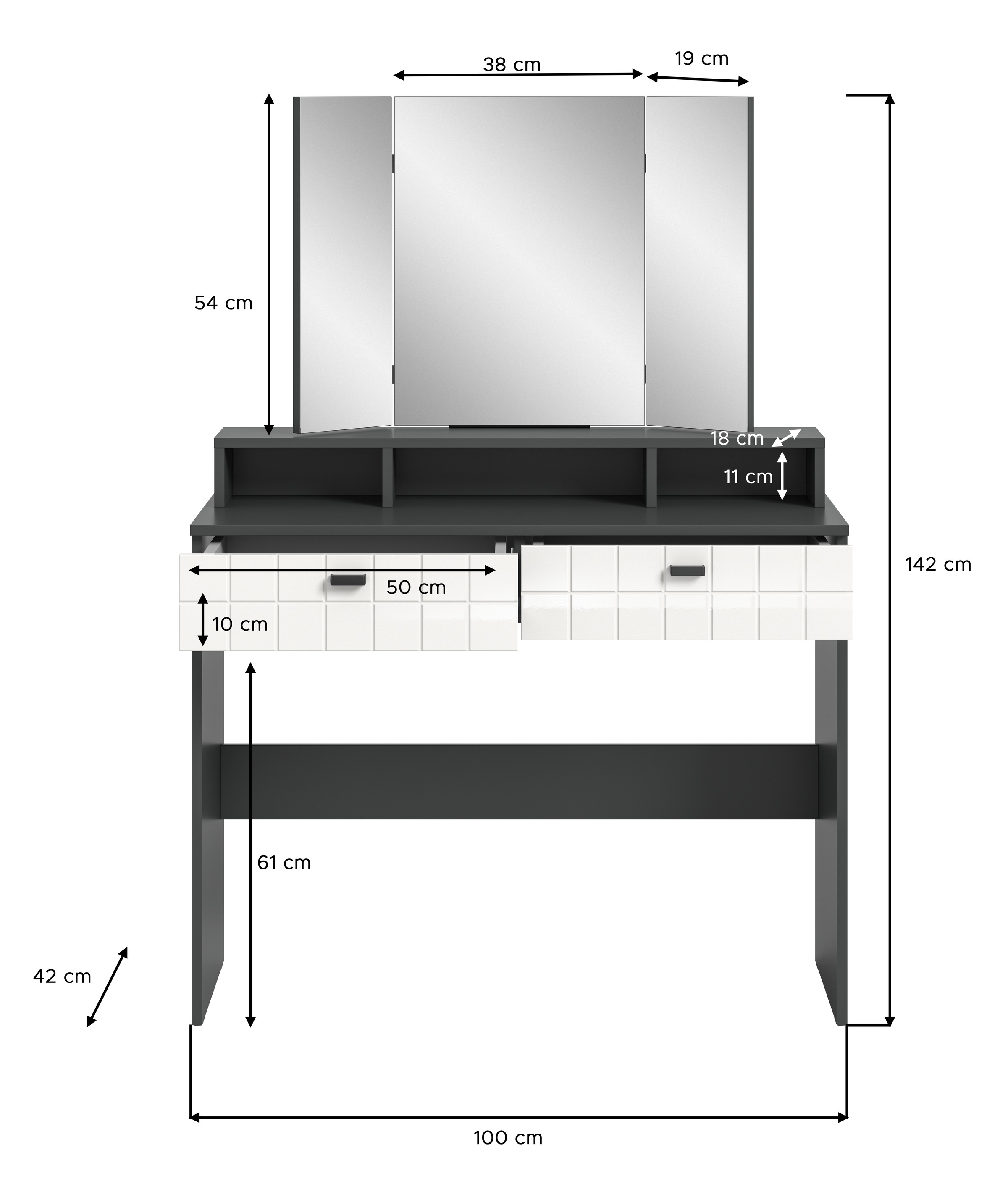 INOSIGN Schminktisch »GORA, Breite 100 cm, 2 Schubkästen, 1feste & 2 faltbare Spiegelflächen«, gefräste Front in Waffeloptik hochglanz, Frisiertisch, Spiegeltisch