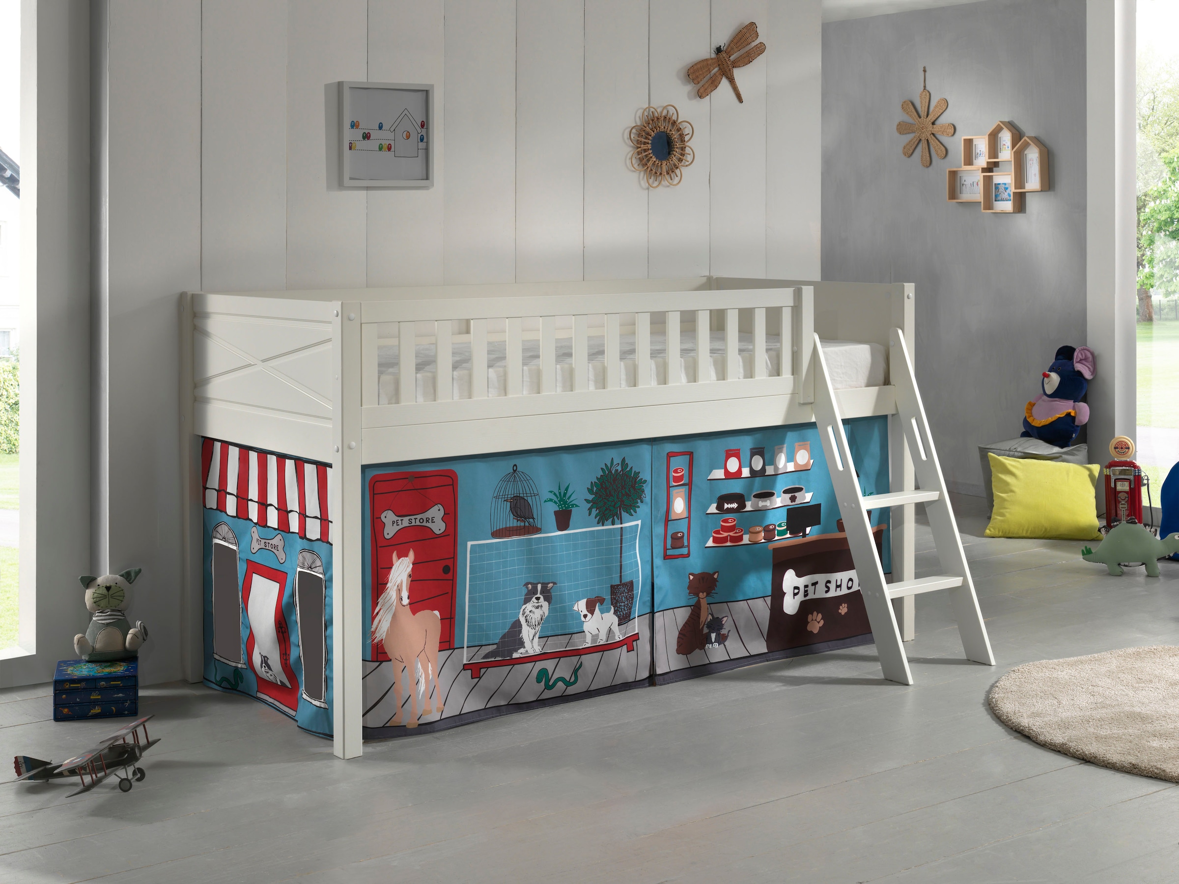 Vipack Hochbett »Scott« Made in Europe,  mit schräger Leiter, LF 90x200 cm, Vorhang, Tunnel, 7 Designs