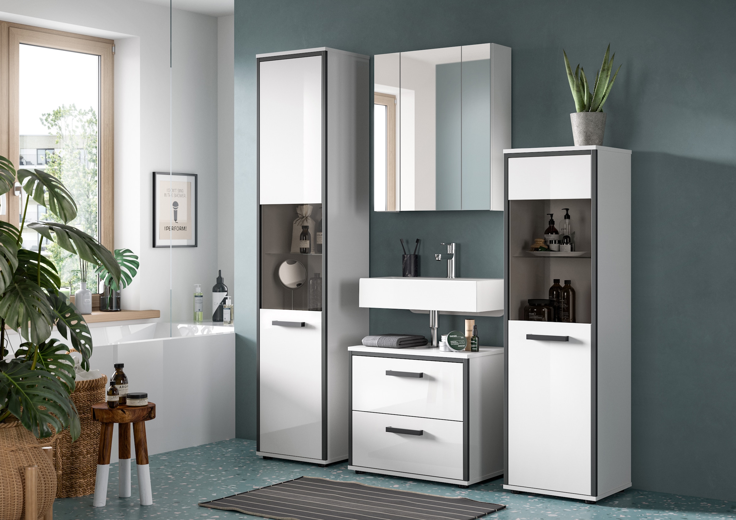 welltime Hochschrank »KAJO, hochglanz Front, Glastür, 1 Glas Einlegeboden, 6 Fächer« 1 Stk. tlg. Badschrank, Hochschrank, Bad, Badezimmer