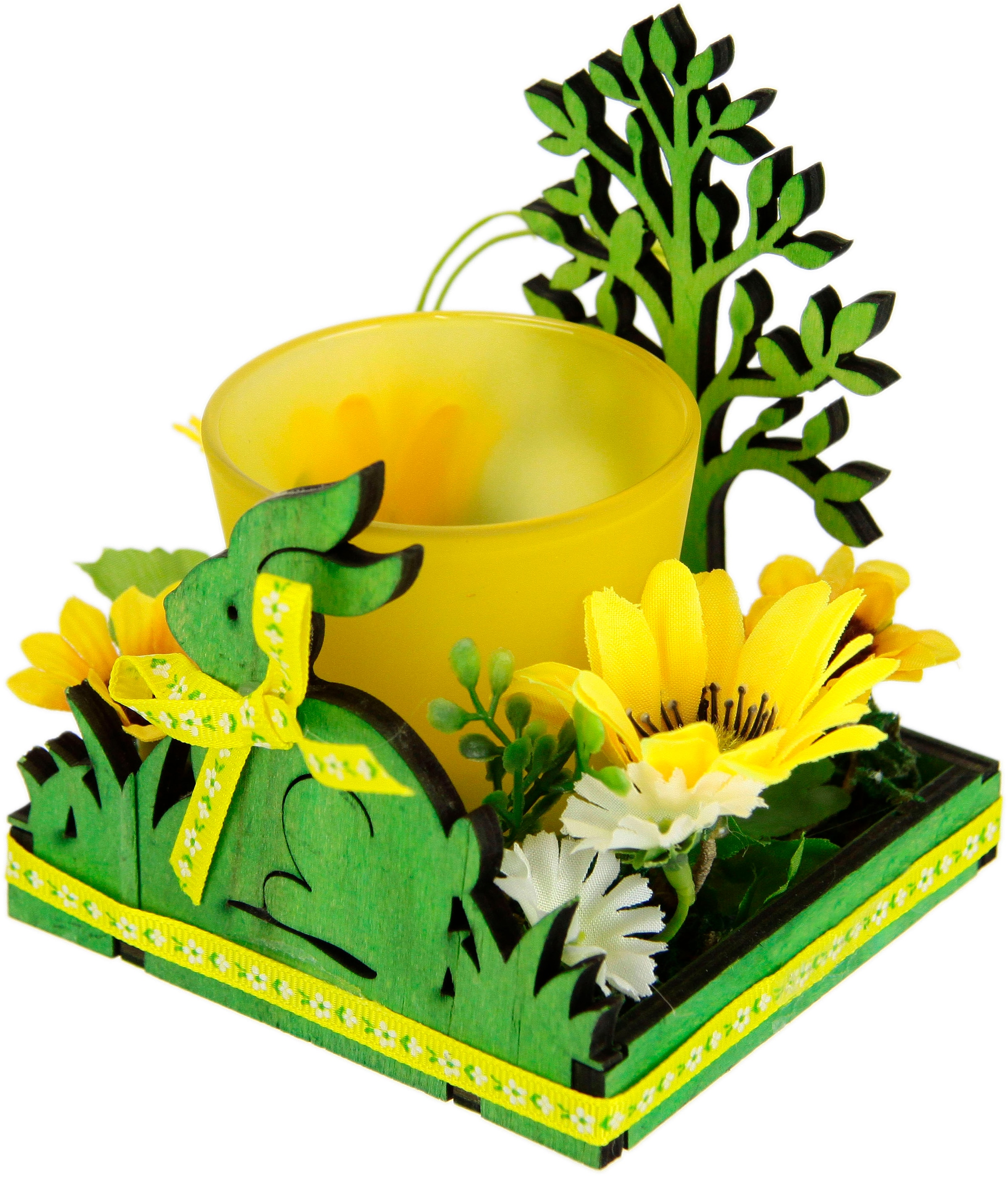 I.GE.A. Teelichthalter »Hase«, 2er Set Windlicht Osterhase Glas Holz Kerzenleuchter Frühlingskranz 3D