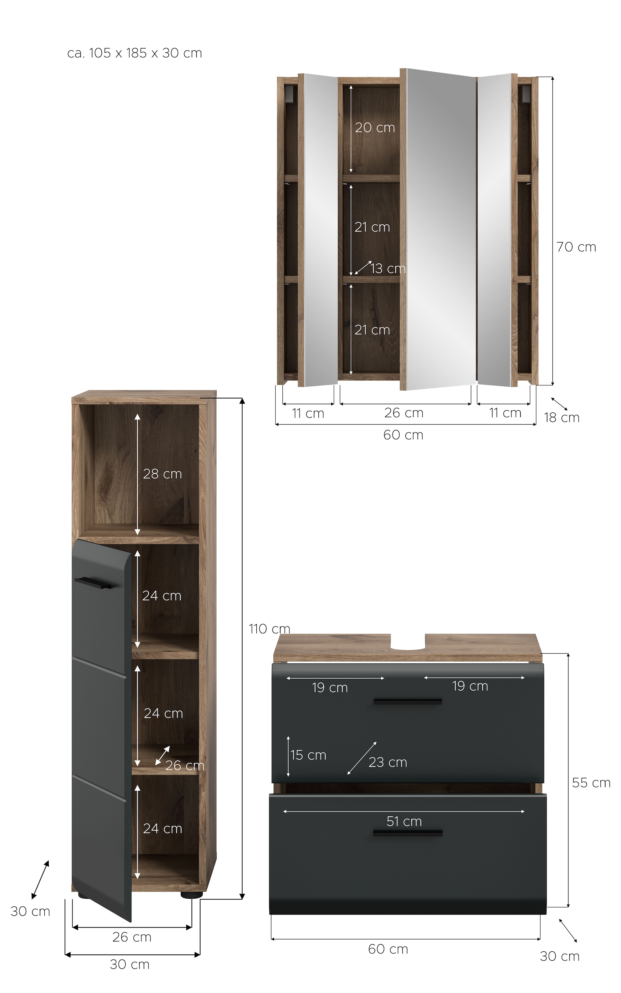 welltime Badmöbel-Set »FLORENZ,  3-teilige Badkombination, hochwertige MDF-Front« best. aus: Midischrank hoch, Waschbeckenunterschrank, Spiegelschrank, 