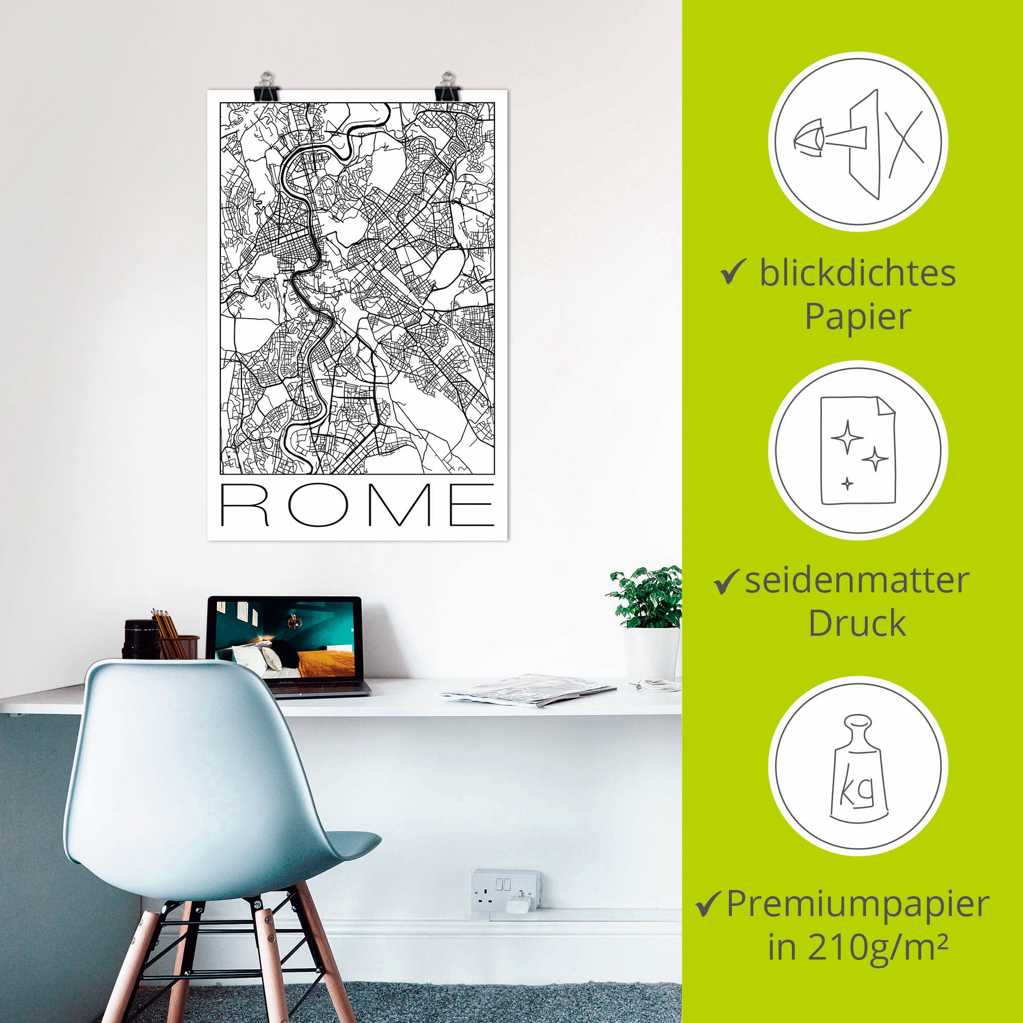 Artland Poster »Retro Karte Rom Italien Schwarz & Weiß«, Italien, (1 St.), als Alubild, Leinwandbild, Wandaufkleber oder Poster in versch. Größen
