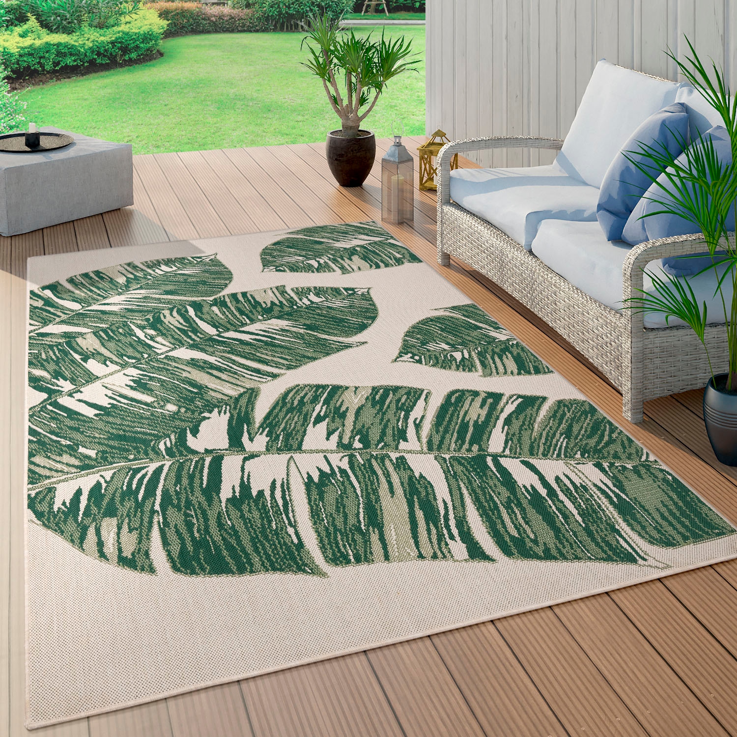 Paco Home Teppich »Ostende 553«, rechteckig, 4 mm Höhe, Flachgewebe, Motiv Palmenblätter, In- und Outdoor geeignet, Wohnzimmer