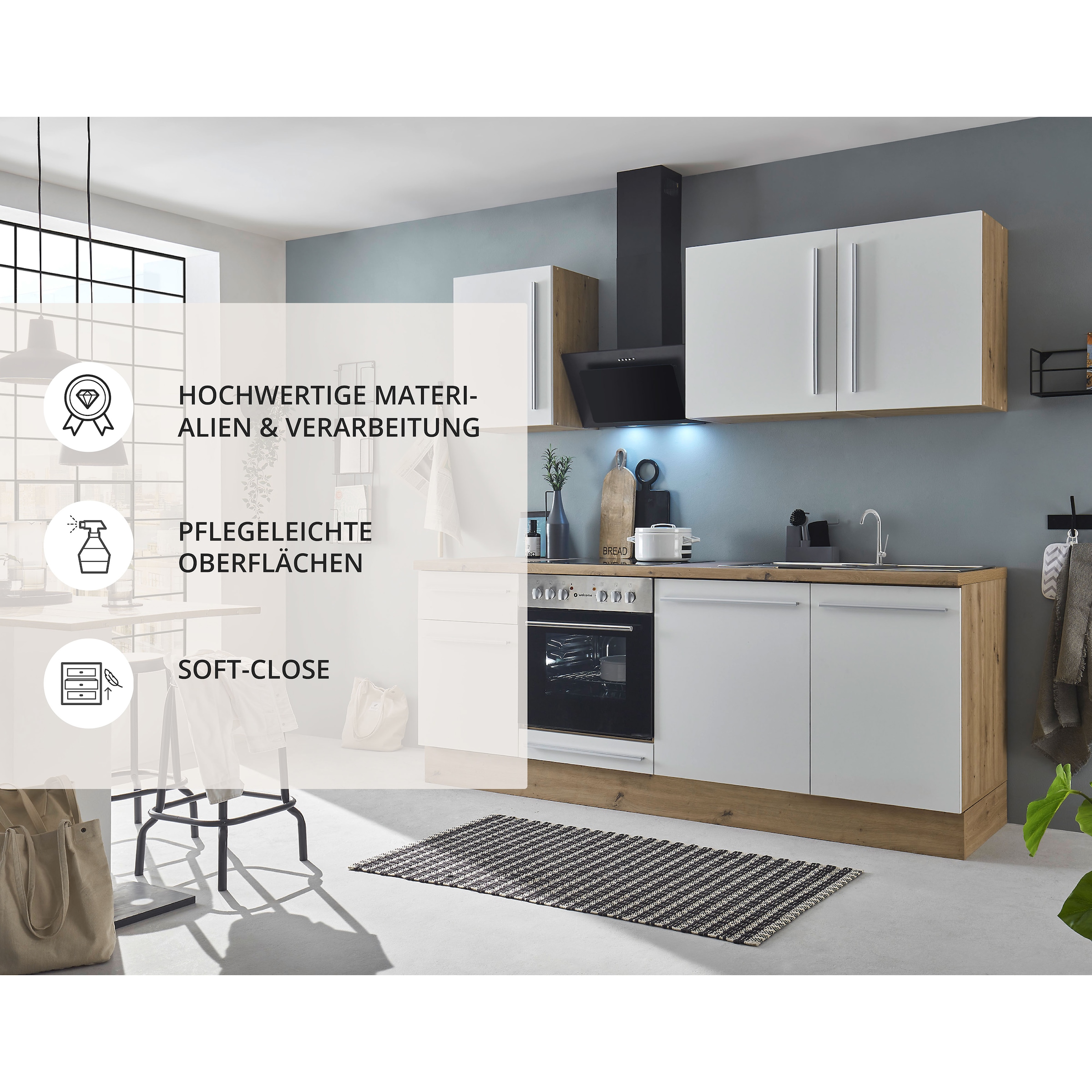 KOCHSTATION Küchenzeile »Florida mit 38mm starker Arbeitsplatte«, Breite 220 cm, wahlweise mit E-Geräten, Soft-Close-Funktion