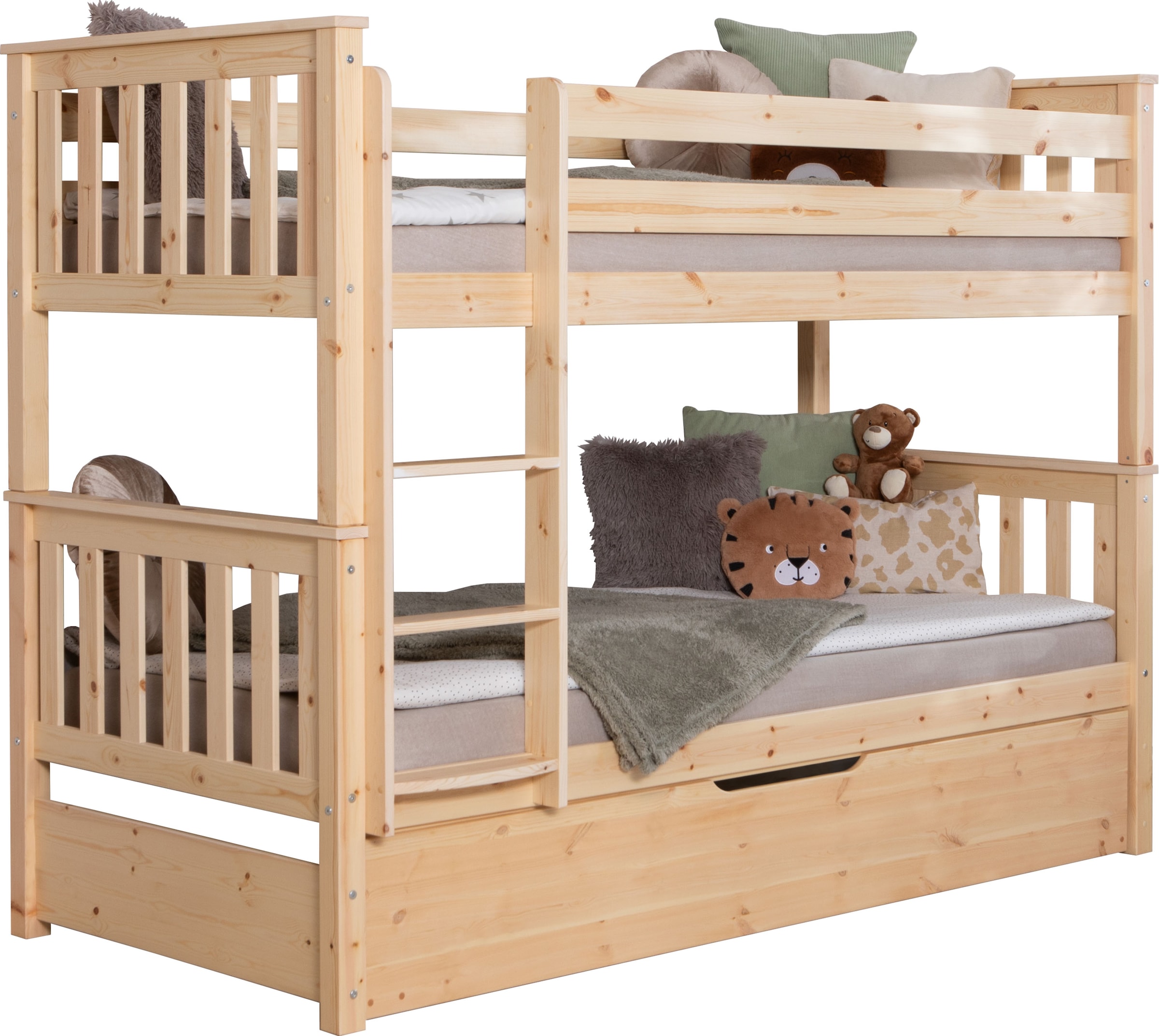 Ticaa Etagenbett »Sammy, umbaubar zu 2 Einzelbetten, edles Design im Landhausstil«, (90x200cm), inklusive Schubkasten, 2x Rollrost, zertifiziertes Massivholz Kiefer