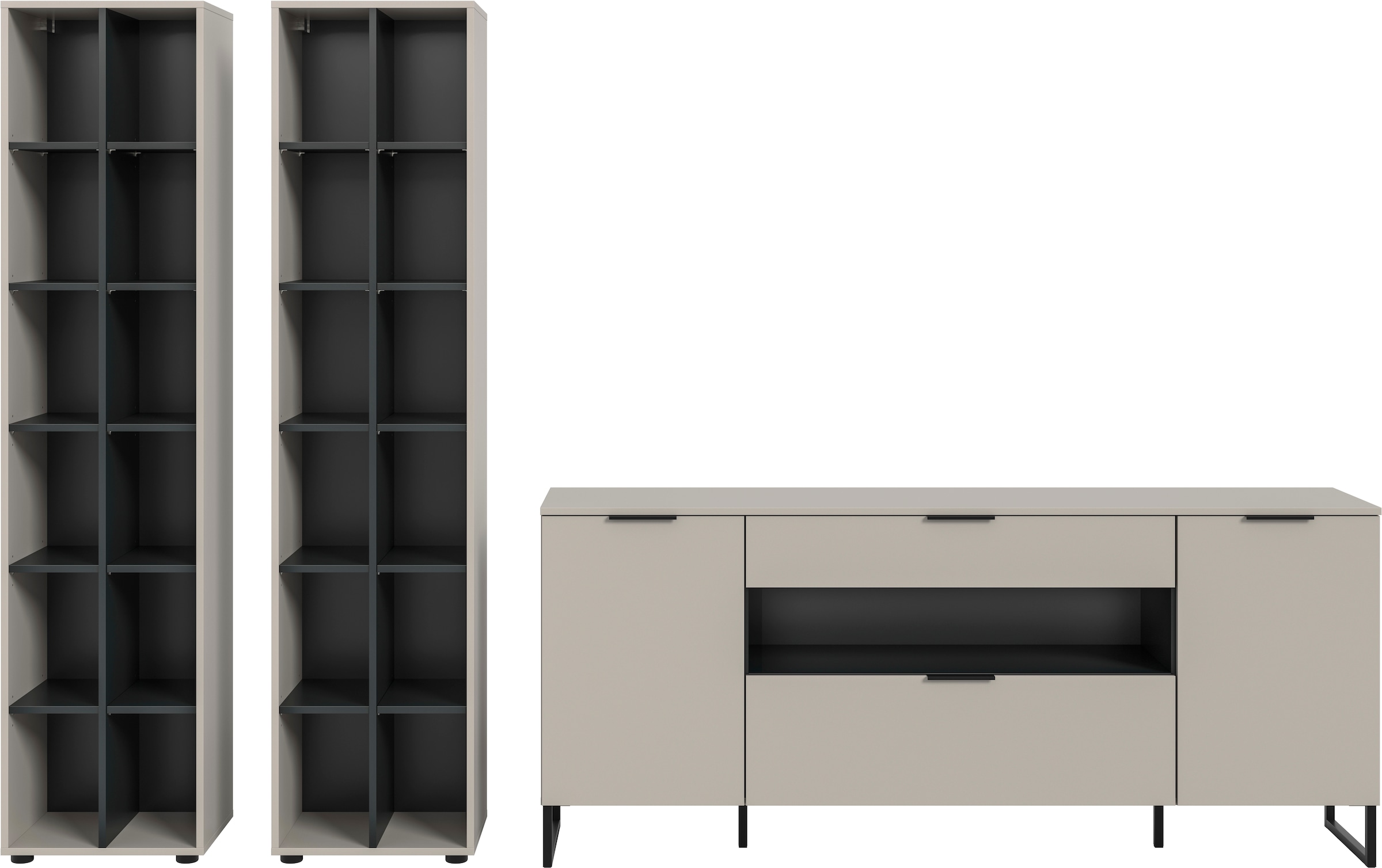 INOSIGN Wohnwand »ADIO, Breite 305 cm, 3-teiliges Set, mit Metall-Kufenfüße« Set, bestehend aus: 2x Standregal und Sideboard, 3 Stk. tlg.