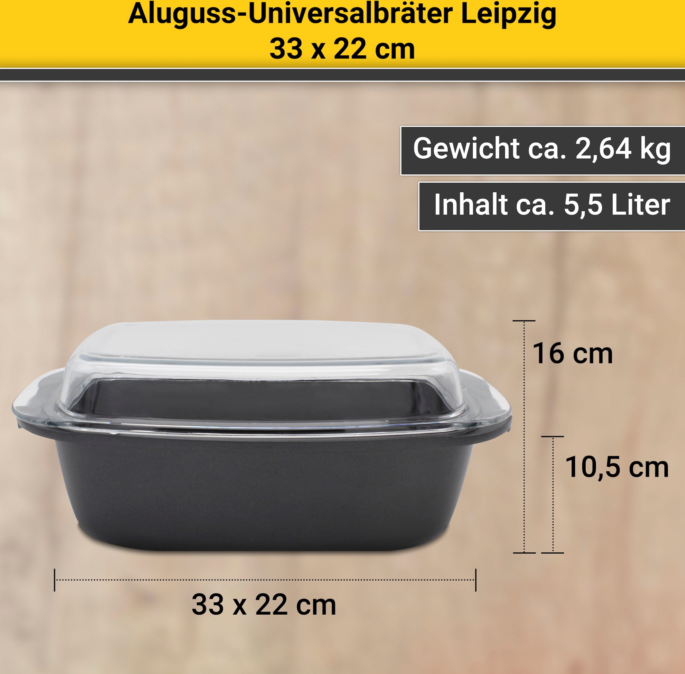 Krüger Bräter »Aluguss Universalbräter mit Glasdeckel LEIPZIG, 33 x 22 x 10,5 cm«, Aluminiumguss, (1 tlg.), hochwertige Antihaft-Versiegelung