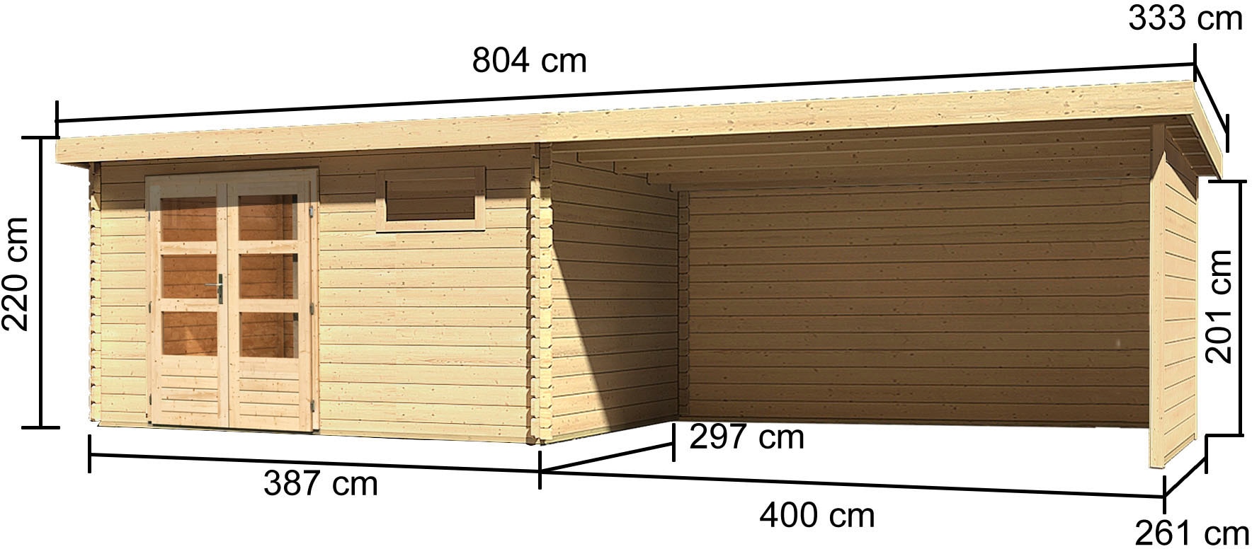Karibu Gartenhaus mit Anbaudach und Seiten- und Rückwand