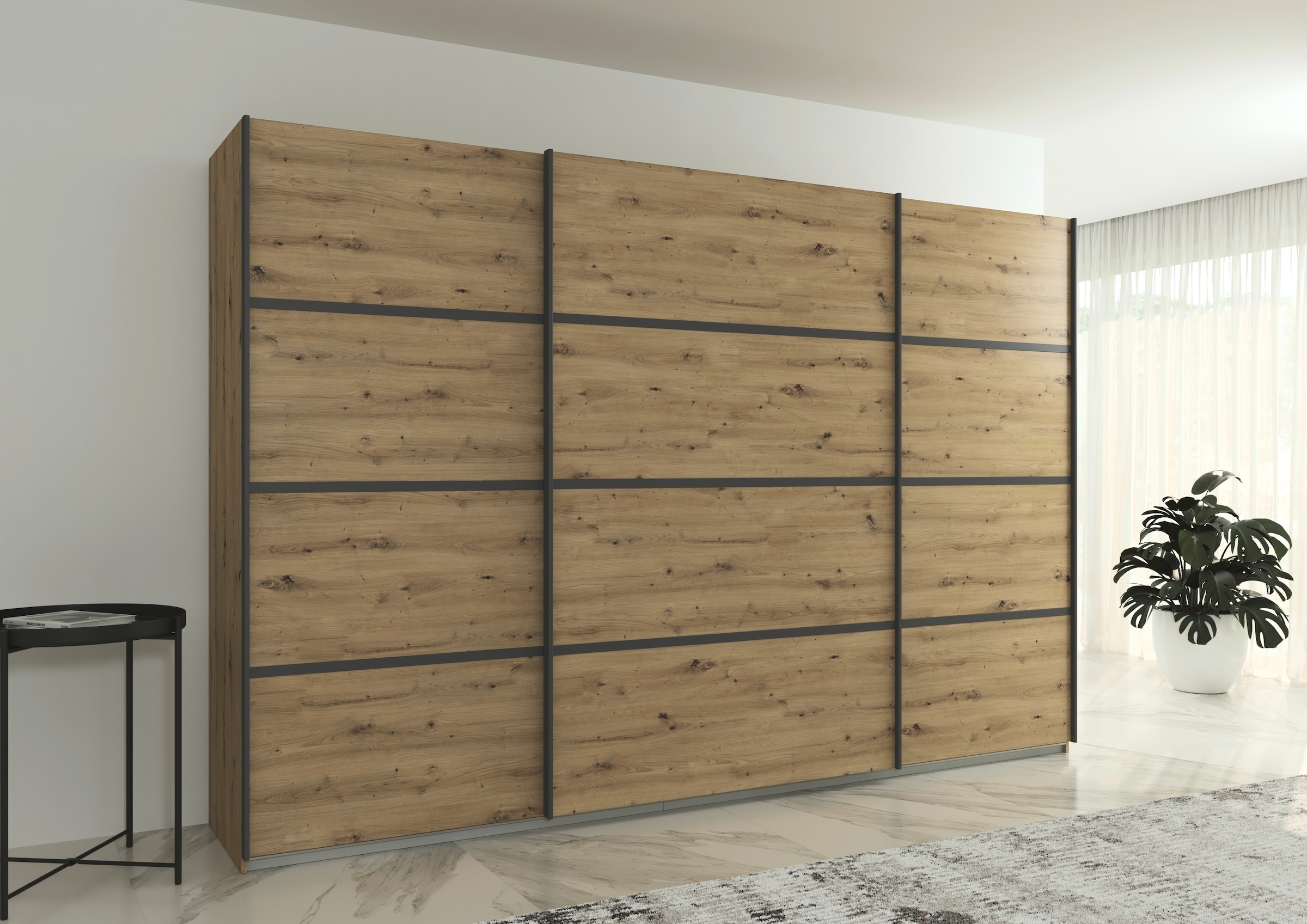 rauch Kleiderschrank »Schwebetürenschrank Garderobe Schrank TOP ANGEBOT Avola«, (in 3 verschiedenen Ausstattungen BASIC/CLASSIC/PREMIUM), mit eleganten Zierleisten in Chrom, Schwarz oder Weiß MADE IN GERMANY