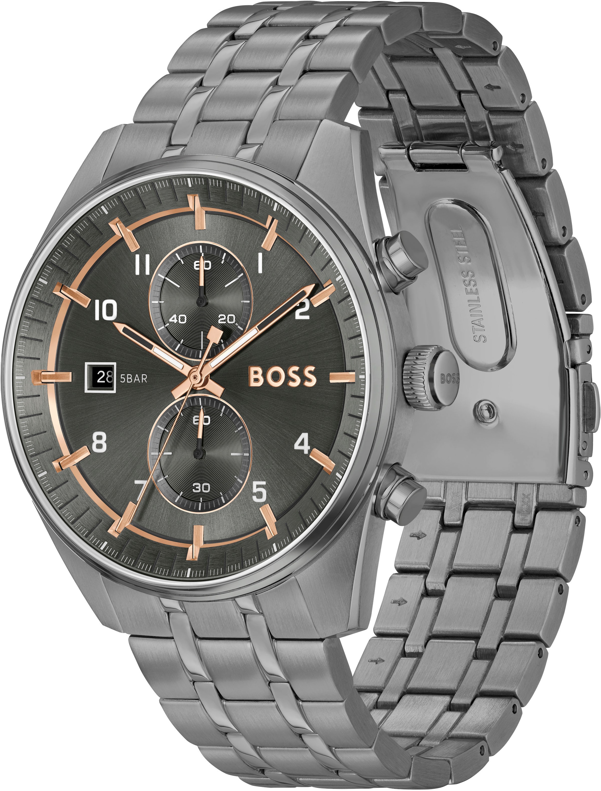 BOSS Chronograph »SKYTRAVELLER«, Quarzuhr, Armbanduhr, Herrenuhr, Edelstahlarmband, analog, Tag