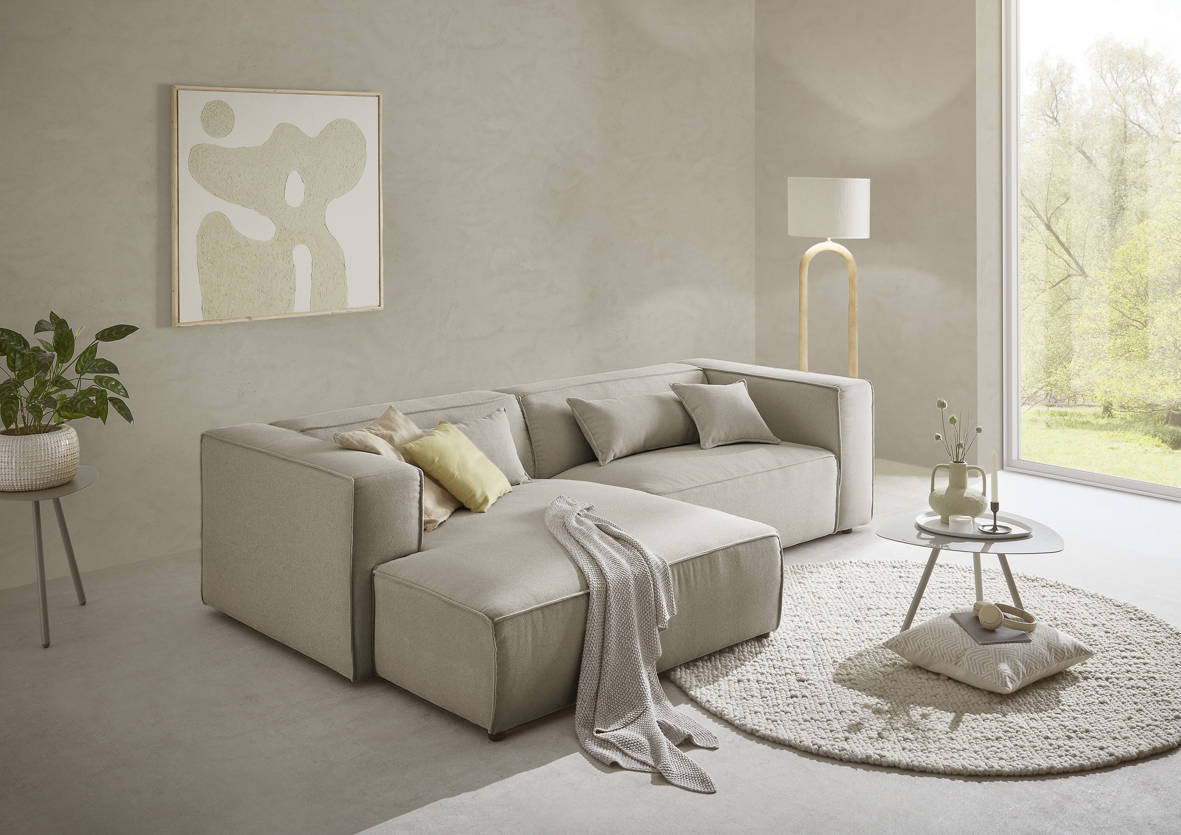 LeGer Home by Lena Gercke Ecksofa »PIARA mit Kedernaht in Cord oder Leinenoptik, moderne Couch in L-Form«, wahlweise Ottomane rechts/links, schwarze Füße, bequemer Sitzkomfort