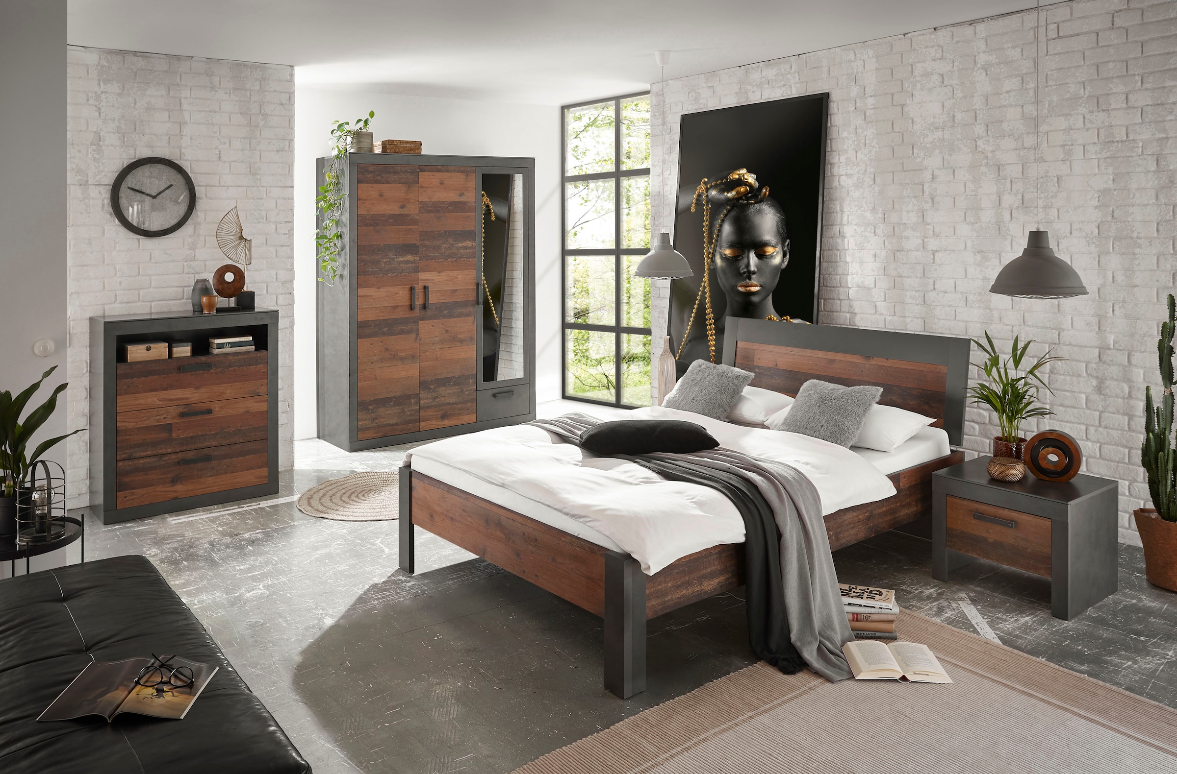 Home affaire Schlafzimmer-Set »BROOKLYN«, (Set, 4 tlg., mit Holzkopfteil, Nachtkommode, Kleiderschrank 3 trg., Kommode), in dekorativer Rahmenoptik