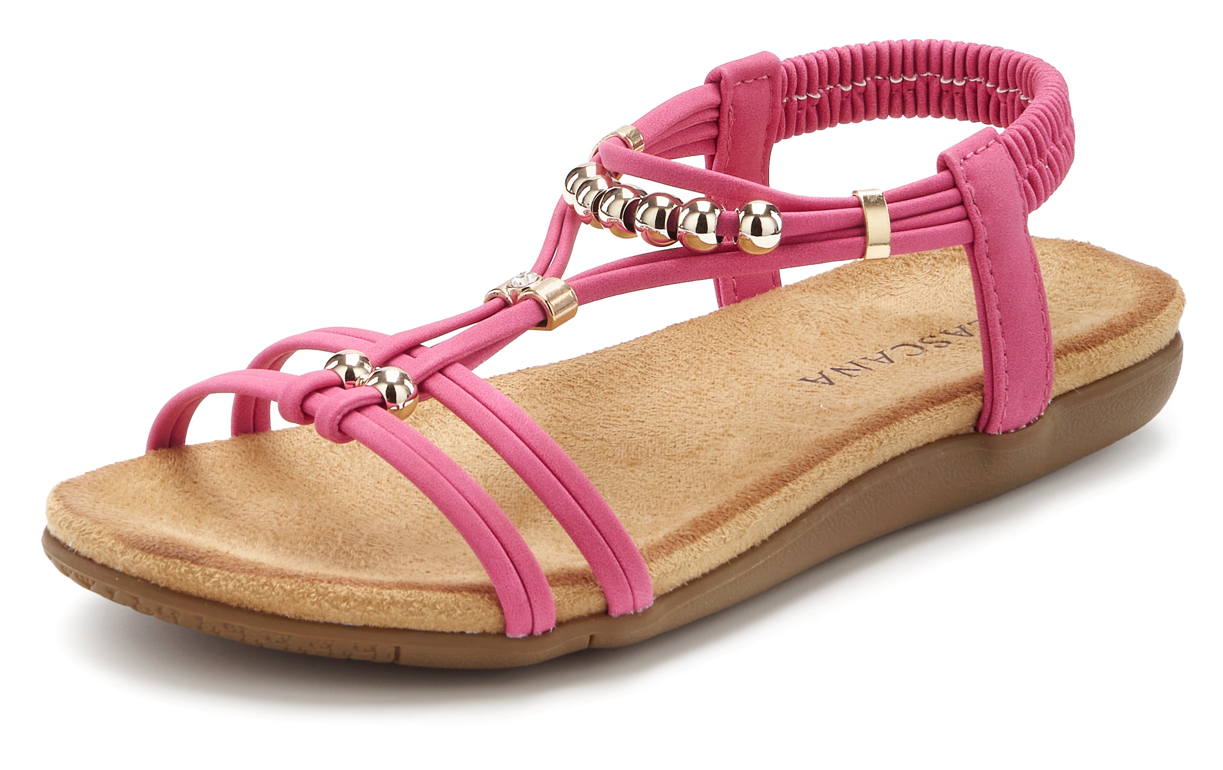 LASCANA Sandale »Sommerschuh, offener Schuh,«  NEU mit elastischen Riemchen und kleinen Perlenelementen VEGAN